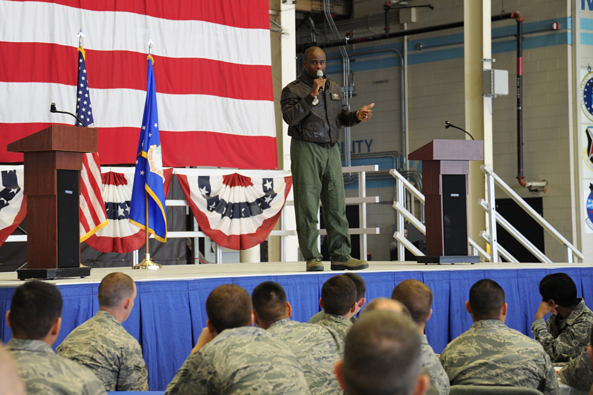 Col. Brian Hill, 92nd Air Refueling Wing vice commander, speaks with Airmen who live in the dormitories at Fairchild Air Force Base, Wash., Nov. 8, 2013. Hill talked about how critical each and every Airmen are to the mission that we haver here at Fairchild. (U.S. Air Force photo by Airman 1st Class Janelle Patiño/Released)