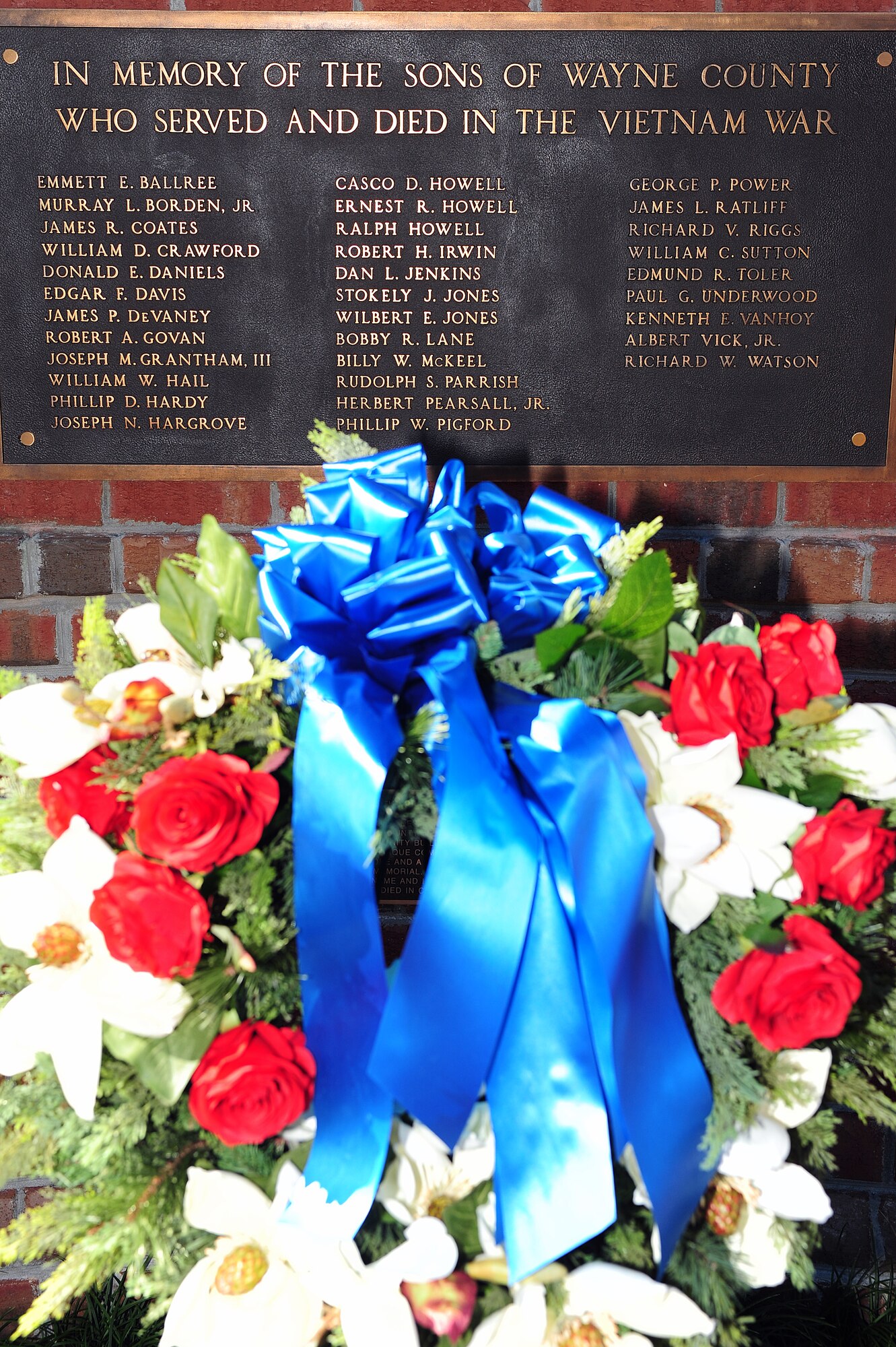 A wreath laying ceremony was held to honor Service members at the Wayne County Veterans Memorial in Goldsboro, N.C., Nov. 11, 2013. The ceremony featured the 4th Fighter Wing honor guard presenting the colors and remarks about Veterans Day. (U.S. Air Force photo by Airman 1st Class John Nieves Camacho)