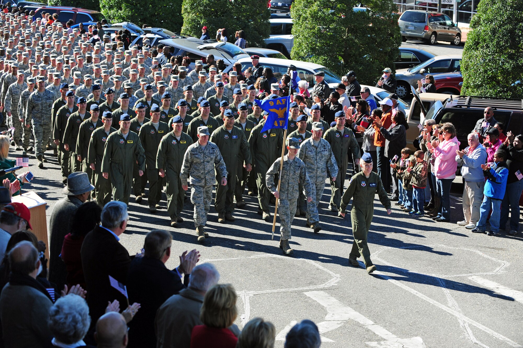 U.S. Air Force Col. Jeannie Leavitt, 4th Fighter Wing commander, leads Airmen assigned to Seymour Johnson Air Force Base during a Veterans Day parade in Goldsboro, N.C., Nov. 11, 2013. More than 500 Airmen from the installation came out to march in the parade. (U.S. Air Force photo by Airman 1st Class John Nieves Camacho)