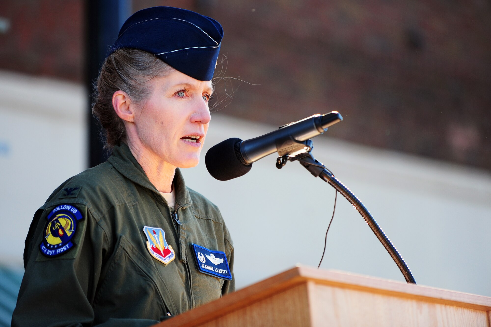 U.S. Air Force Col. Jeannie Leavitt, 4th Fighter Wing commander, speaks at a Veterans Day parade in Goldsboro, N.C., Nov. 11, 2013. Leavitt reflected on the meaning of Veterans Day and historic moments throughout military history. (U.S. Air Force photo by Airman 1st Class John Nieves Camacho)