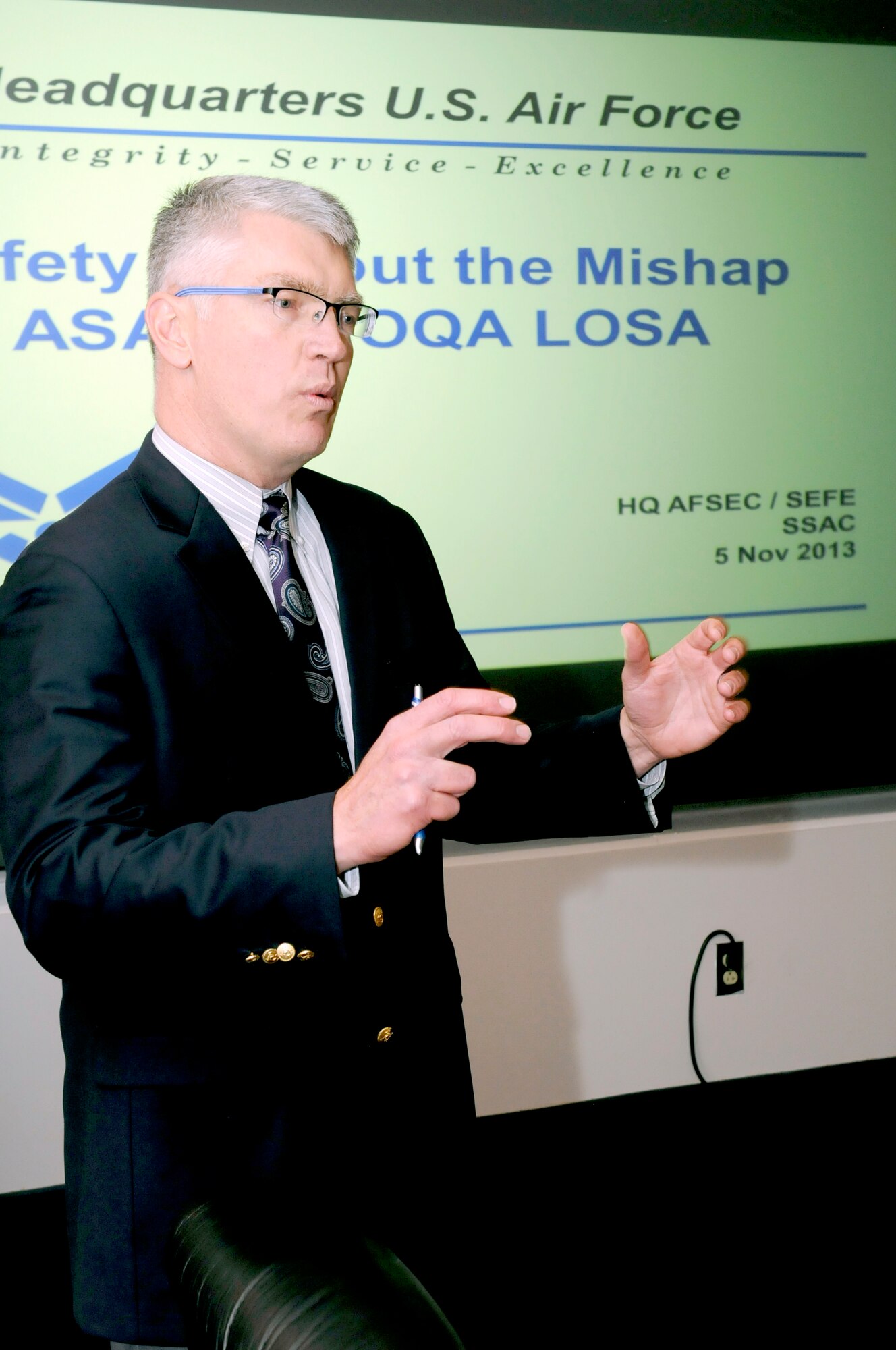 Kevin Tibbs, Military Flight Operations Quality Assurance (MFOQA) and Aviation Safety Action Program (ASAP) manager, provides program updates during the Senior Safety Advisory Council meeting held Nov. 5 - 6 at the Air Force Safety Center, Kirtland Air Force Base, N.M.  Additional Council discussion topics covered ground, the Air Force Safety Automated System (AFSAS), policies, manpower, human factors, training, safety investigation boards and the safeguard of privileged information. (U.S. Air Force photo by Airman 1st Class Aaron Brown)