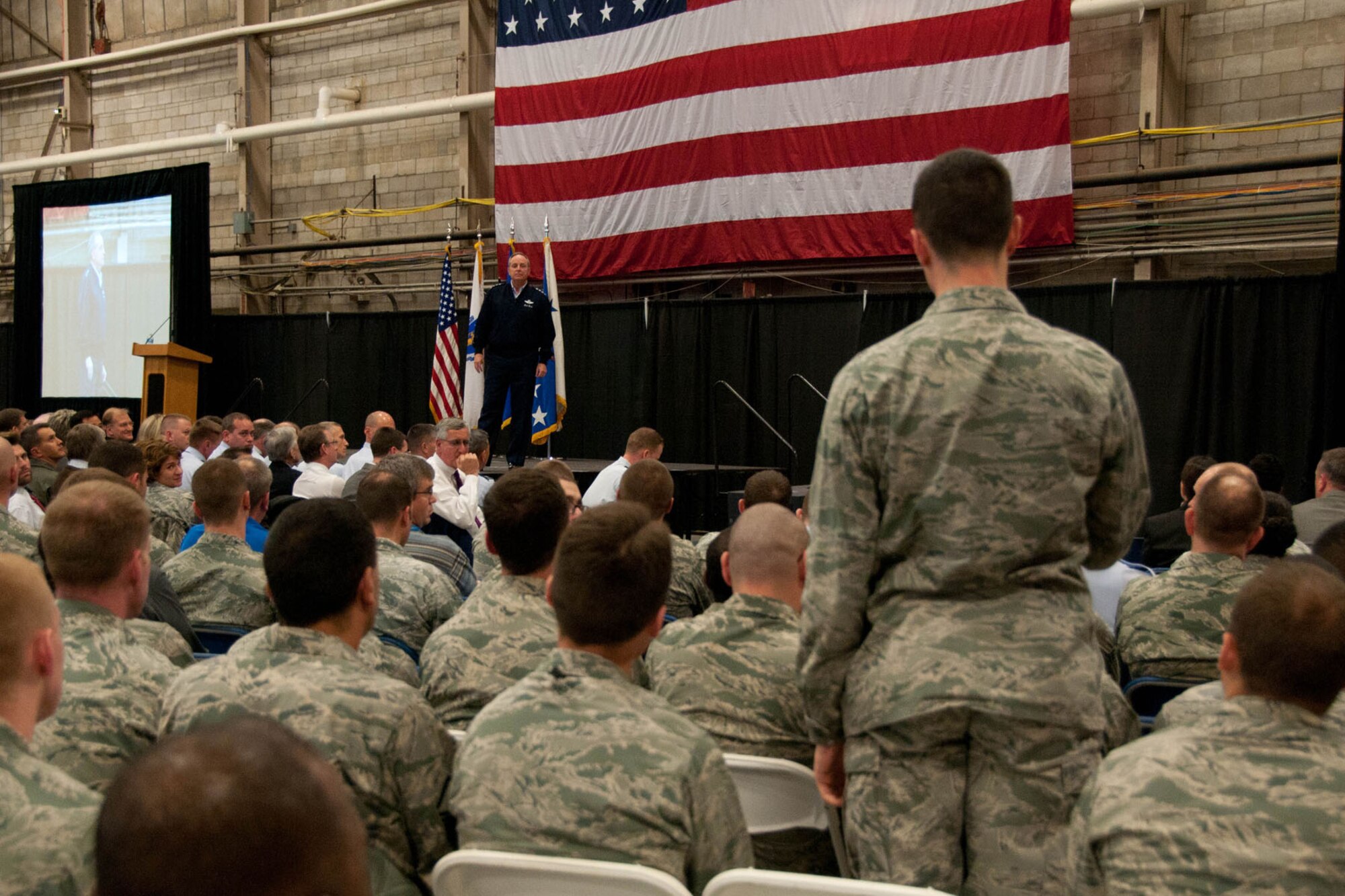 HANSCOM AIR FORCE BASE, Mass. - Air Force Chief of Staff Gen. Mark A. Welsh III speaks to an Airman during an all-call here Nov. 7. Throughout the call, Welsh highlighted the importance of Hanscom's personnel to the Air Force mission. (U.S. Air Force photo by Linda LaBonte Britt)