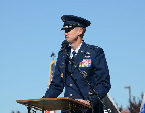 Col. Tom Miller, 377th Air Base Wing commander, was one of the keynote speakers at the Veterans Day Ceremony at Memorial Park Nov. 11. (Photo by Dennis Carlson)