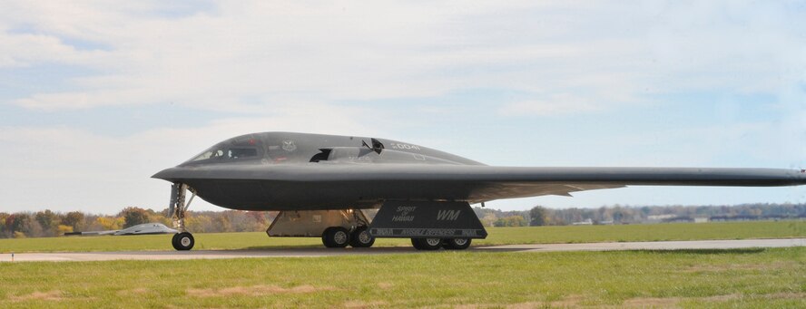 A B-2 Spirit taxis down the ramp at Whiteman Air Force Base, Mo., Nov. 3, 2013. During Operation Allied Force in 1999, the B-2s flew less than 1 percent of the combat sorties but dropped 11 percent of the total bombs. (U.S. Air Force photo by Airman 1st Class Keenan Berry/Released)