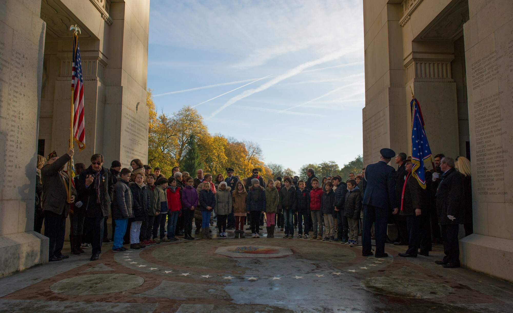 MARNES-LA-COQUETTE, France -- A Veteran’s Day Ceremony was held at the Lafayette Escadrille memorial in Marnes-la-Coquette, France, Nov. 11, 2013. Lafayette Escadrille was a French Air Service squadron during World War I comprised largely of volunteer American fighter pilots. (U.S. Air Force photo/Tech. Sgt. Benjamin Wilson)