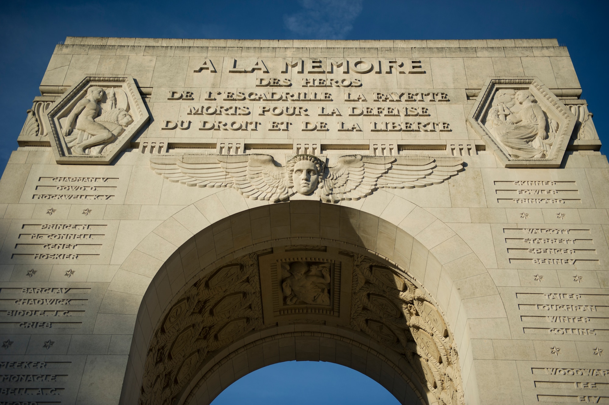 MARNES-LA-COQUETTE, France -- A Veteran’s Day Ceremony was held at the Lafayette Escadrille memorial in Marnes-la-Coquette, France, Nov. 11, 2013. Lafayette Escadrille was a French Air Service squadron during World War I comprised largely of volunteer American fighter pilots. (U.S. Air Force photo/Tech. Sgt. Benjamin Wilson)