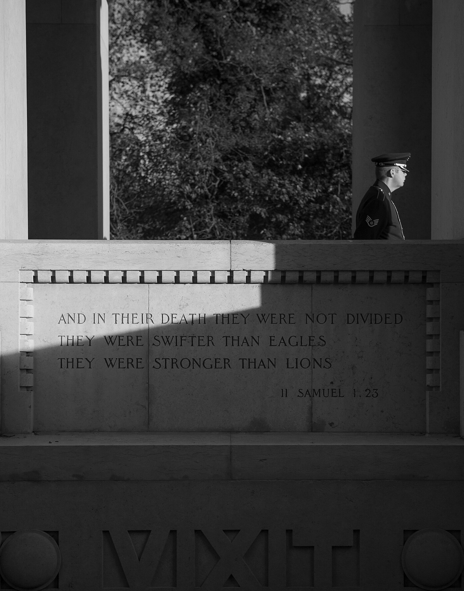 MARNES-LA-COQUETTE, France -- A member of the U.S. Air Forces in Europe Band looks out over the Lafayette Escadrille memorial in Marnes-la-Coquette, France, before the beginning of a Veteran’s Day Ceremony there Nov. 11, 2013. Lafayette Escadrille was a French Air Service squadron during World War I comprised largely of volunteer American fighter pilots. (U.S. Air Force photo/Tech. Sgt. Benjamin Wilson)