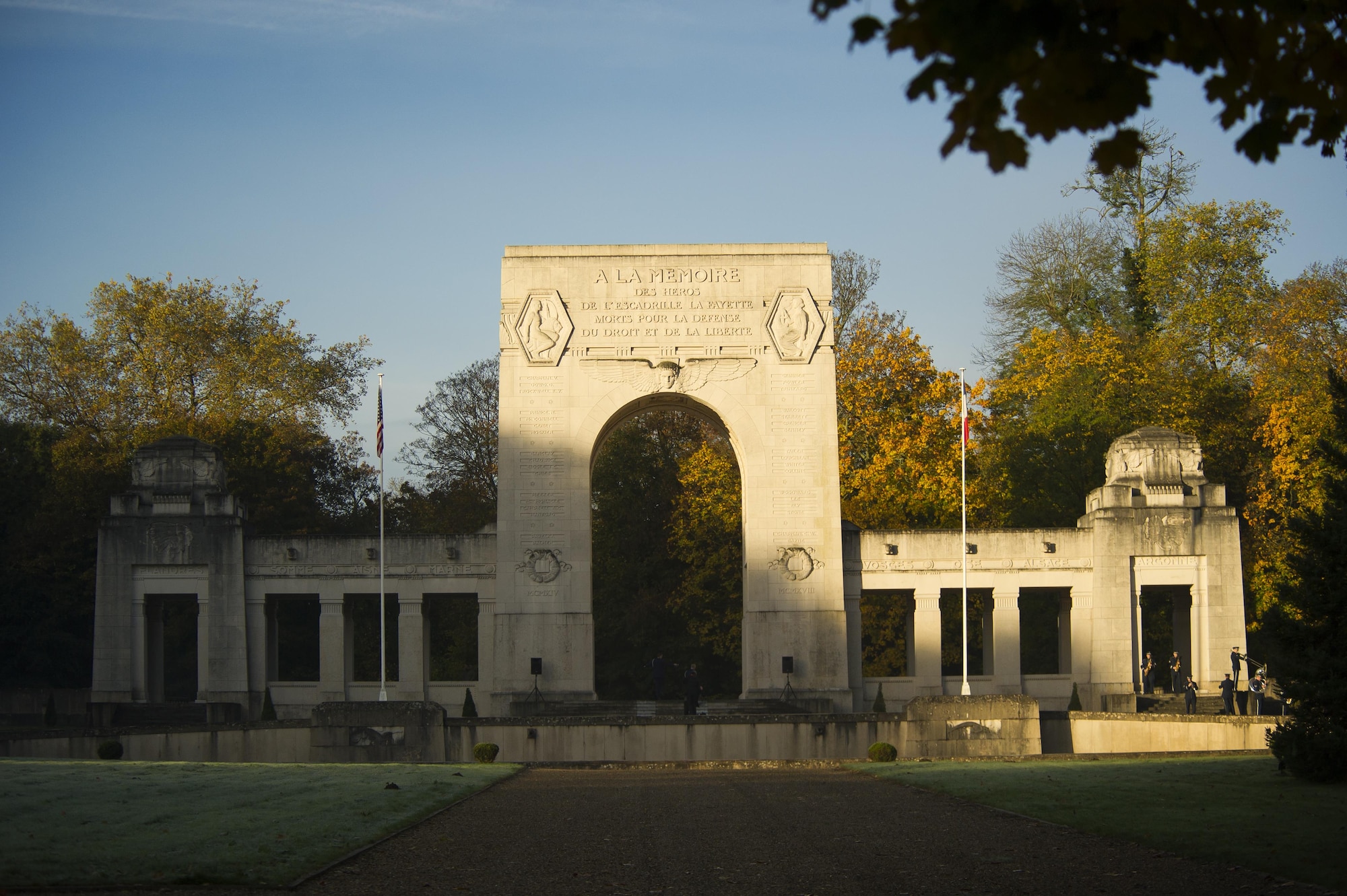 MARNES-LA-COQUETTE, France -- A Veteran’s Day Ceremony was held at the Lafayette Escadrille memorial in Marnes-la-Coquette, France, Nov. 11, 2013. Lafayette Escadrille was a French Air Service squadron during World War I comprised largely of volunteer American fighter pilots. (U.S. Air Force photo/Tech. Sgt. Benjamin Wilson)