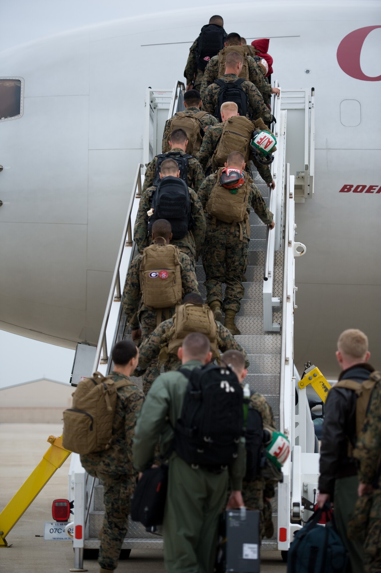 Marines depart Kunsan Air Base, Republic of Korea, Nov. 9, 2013, after participating in the two-week Max Thunder Exercise. The exercise showcased the team work of the Korean Air Power team, a mix of U.S. Air Force, U.S. Marine Corps and Republic of Korea Airmen working side by side. (U.S. Air Force photo by Senior Airman Armando A. Schwier-Morales/Released)