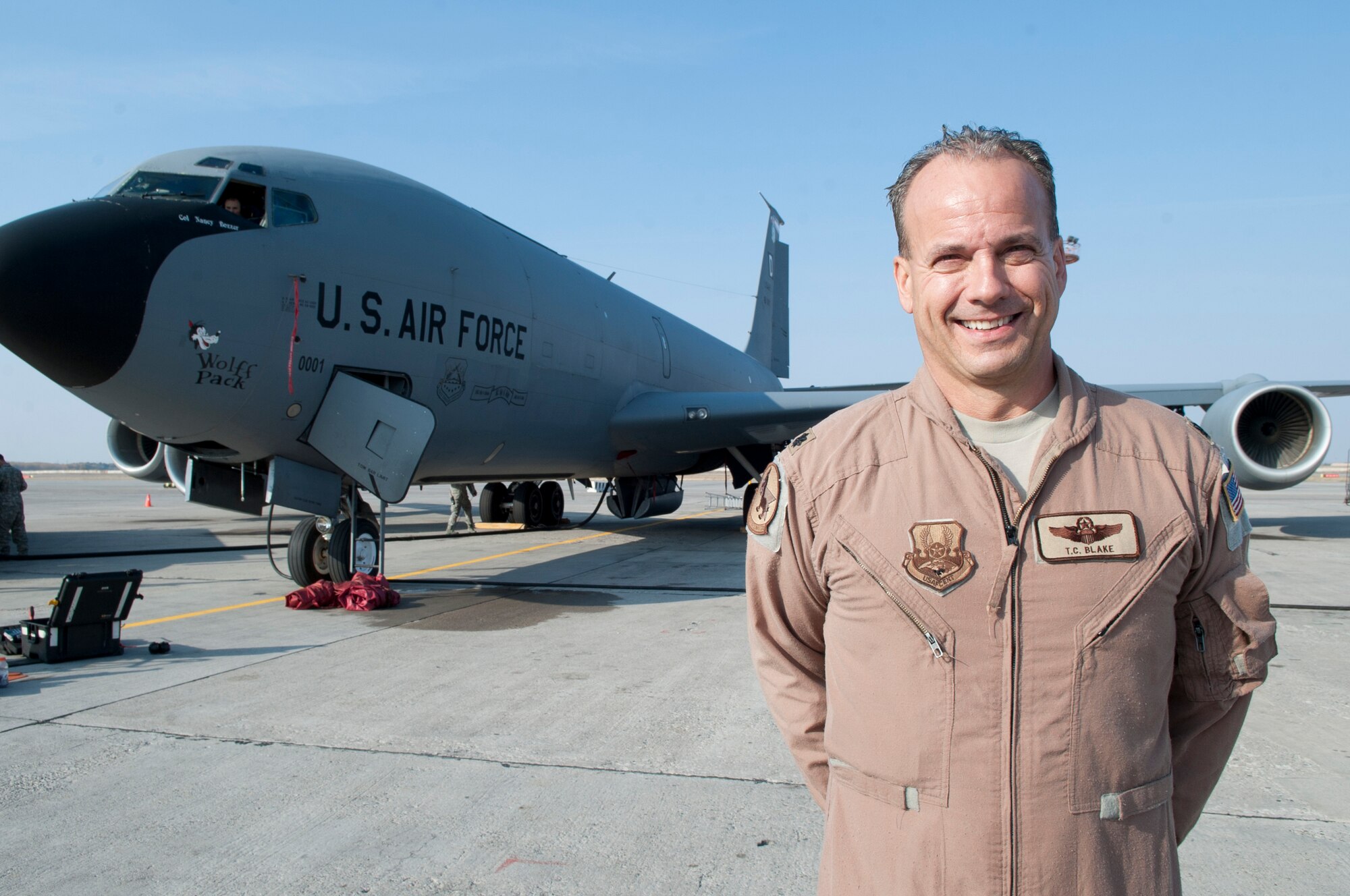 Lt. Col. Thomas Blake is a pilot serving with the 22nd Expeditionary Air Refueling Squadron at Transit Center at Manas, Kyrgyzstan. Blake, who recently completed his 100th combat sortie and fini flight, is deployed out of Pease Air National Guard Base, N.H., and is a native of Wakefield, N.H. (U.S. Air Force photo/Staff Sgt. Robert Barnett)