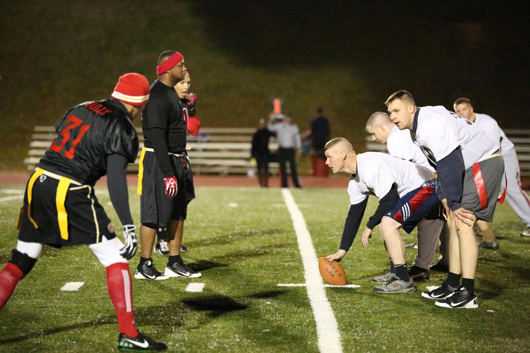 Players from the M&RA Black Ops and H&S Finance intramural flag football teams line up against each other during a game at Butler Stadium on Nov. 5, 2013. The Black Ops beat the Finance team 50-0. 