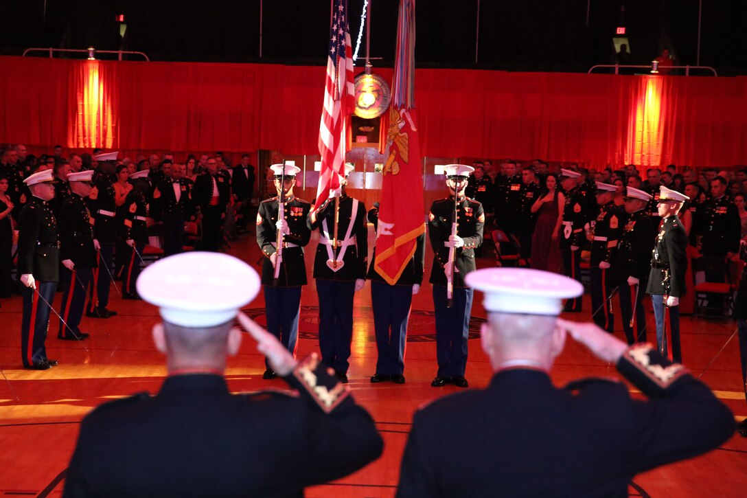 MARINE CORPS BASE CAMP LEJEUNE, N.C. – Brig. Gen. James W. Lukeman, the 2nd Marine Division commanding General, (left) and General John M. Paxton, the assistant commandant of the Marine Corps, salute as the colors are presented during the National Anthem during the 2nd Marine Division’s celebration of the 238th Marine Corps birthday aboard Camp Lejeune, N.C., Nov. 07, 2013.  