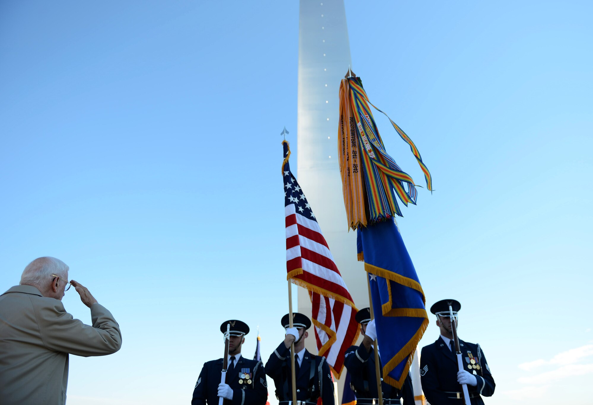 The Air Force Honor Guard presents the colors during the Air Force Memorial Veterans Day wreath laying ceremony, at Arlington, Va., Nov. 11, 2013.  More than 100 veterans, service members, family members and supporters came out for the wreath laying ceremony. 
