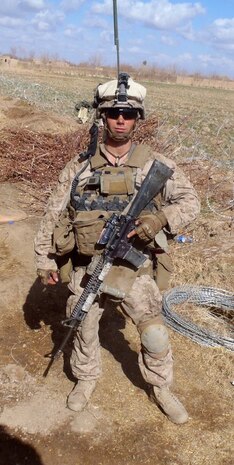 Lance Cpl. John Patterson, a native of Columbia, Md., took this photo during his deployment to Helmand Province, Afghanistan in 2011. Patterson’s left leg was severed below the knee when a bomb went off as he entered a building during a combat patrol Jan. 23, 2011. He now works as an intern at Program Executive Officer Land Systems through the Wounded Warrior Intern Program, part of the Naval Acquisition Development Program. 