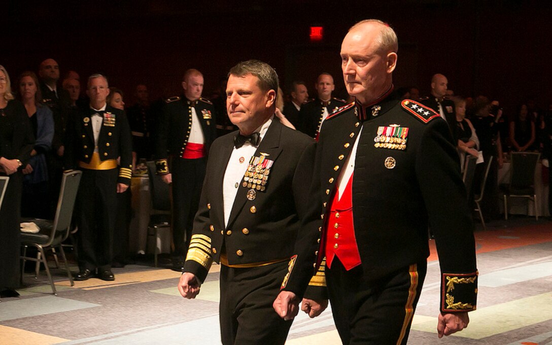 Virginia Beach, Va. (Nov. 7, 2013) – Adm. William E. Gortney, Commander, U.S. Fleet Forces Command and Lt. Gen. Richard T. Tryon, Commander, U.S. Marine Corps Forces Command walk down the isle during MARFORCOM’s  238th Marine Corps Birthday Ball ceremony Nov. 7. Adm. Gortney was the guest of honor at this year’s celebration.