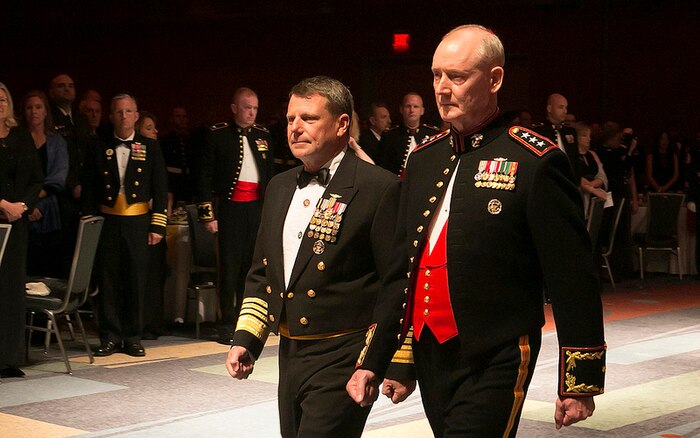 Virginia Beach, Va. (Nov. 7, 2013) – Adm. William E. Gortney, Commander, U.S. Fleet Forces Command and Lt. Gen. Richard T. Tryon, Commander, U.S. Marine Corps Forces Command walk down the isle during MARFORCOM’s  238th Marine Corps Birthday Ball ceremony Nov. 7. Adm. Gortney was the guest of honor at this year’s celebration.