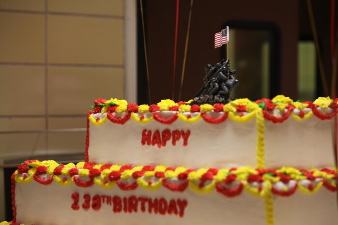 A birthday cake for the Marine Corps awaits Marine and sailors at the FC420 messhall aboard Camp Lejeune, N.C., Nov. 7, 2013. The messhall held a birthday celebration, during which senior leadership units with 2nd Marine Logistics Group served lunch for service members, and their friends and family. 