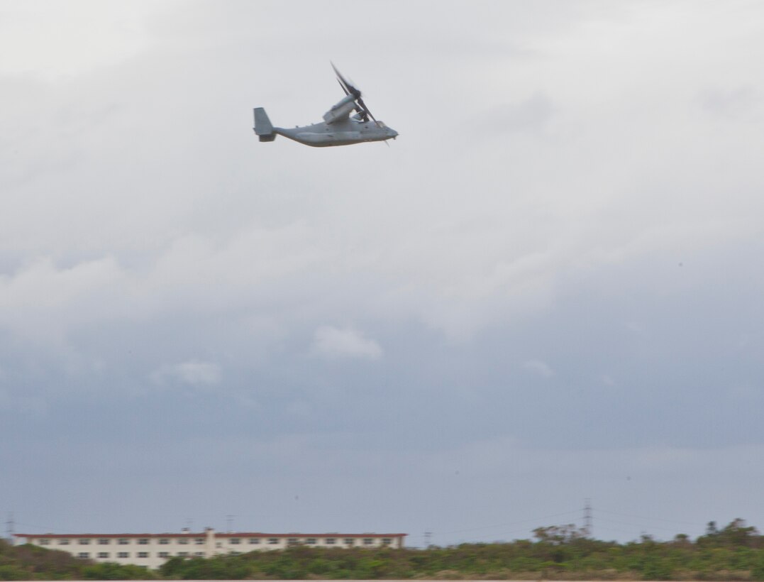 Four MV-22B Ospreys depart Marine Corps Air Station Futenma, Okinawa, Japan, Nov. 12 to support U.S. government humanitarian assistance and disaster relief operations in the Philippines, officially named Operation Damayan, meaning “help in time of need” in Tagalog. To date, there are approximately ¬¬250 U.S. personnel, led by 3rd Marine Expeditionary Brigade, III Marine Expeditionary Force, in support of Operation Damayan. The MV-22s and KC-130s have delivered 129,000 pounds of relief supplies – food, water and other emergency supplies – provided by the Philippine government and the U.S. Agency for International Development. The aircraft have also transported more than 160 displaced people from the Tacloban area and more than 140 relief and aid workers around the Philippines. This deployment will make eight Ospreys assigned to support relief efforts in the Philippines. The Ospreys are with Marine Medium Tiltrotor Squadron 262, Marine Aircraft Group 36, 1st Marine Aircraft Wing, III MEF. (U.S. Marine Corps photo by Lance Cpl. Diamond N. Peden/ Released) 