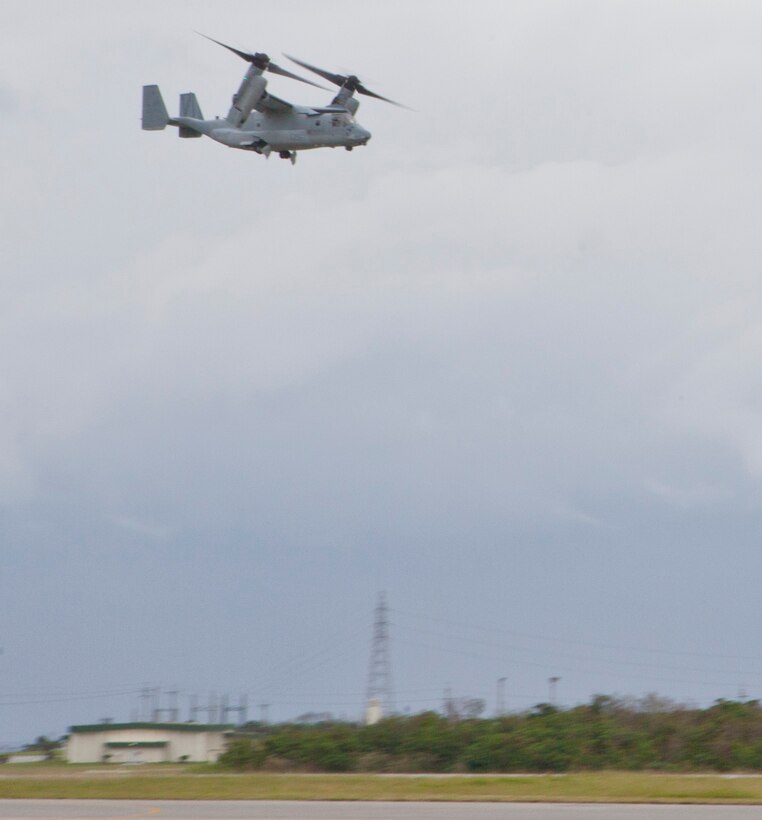 Four MV-22B Ospreys depart Marine Corps Air Station Futenma, Okinawa, Japan, Nov. 12 to support U.S. government humanitarian assistance and disaster relief operations in the Philippines, officially named Operation Damayan, meaning “help in time of need” in Tagalog. To date, there are approximately ¬¬250 U.S. personnel, led by 3rd Marine Expeditionary Brigade, III Marine Expeditionary Force, in support of Operation Damayan. The MV-22s and KC-130s have delivered 129,000 pounds of relief supplies – food, water and other emergency supplies – provided by the Philippine government and the U.S. Agency for International Development. The aircraft have also transported more than 160 displaced people from the Tacloban area and more than 140 relief and aid workers around the Philippines. This deployment will make eight Ospreys assigned to support relief efforts in the Philippines. The Ospreys are with Marine Medium Tiltrotor Squadron 262, Marine Aircraft Group 36, 1st Marine Aircraft Wing, III MEF. (U.S. Marine Corps photo by Lance Cpl. Diamond N. Peden/ Released) 
