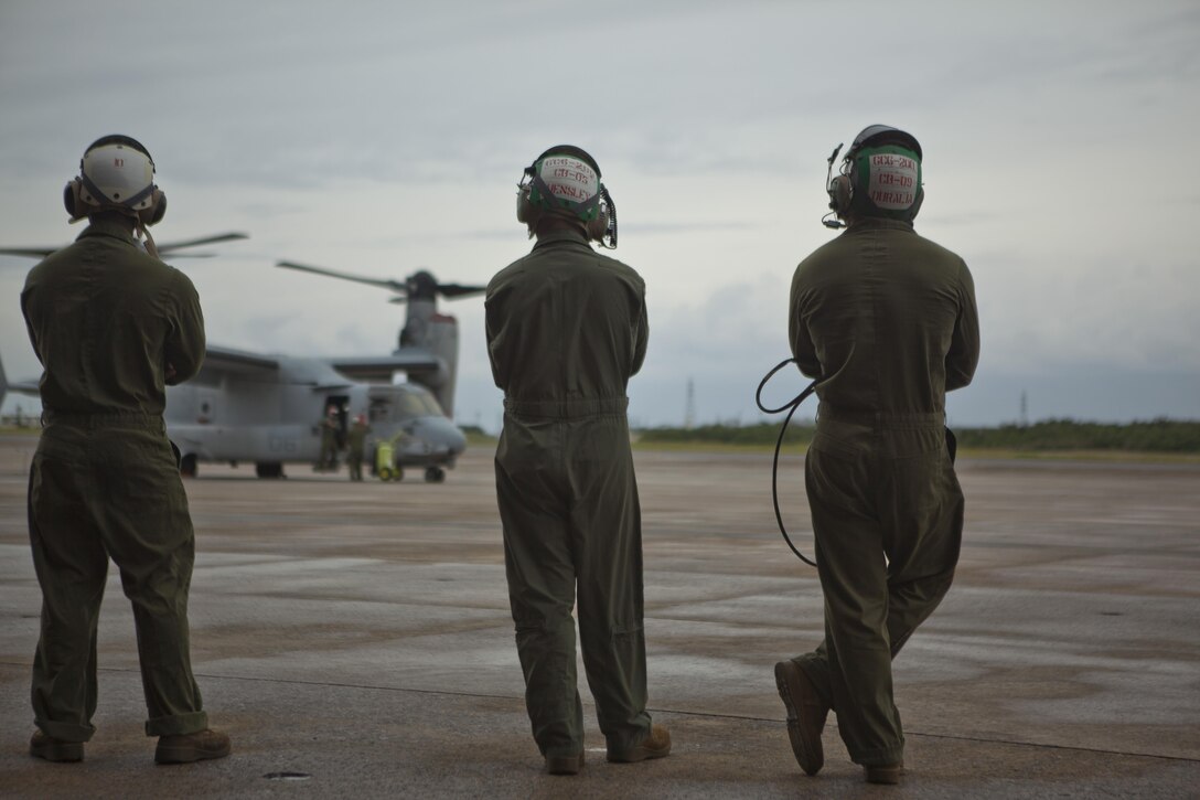 Four MV-22B Ospreys depart Marine Corps Air Station Futenma, Okinawa, Japan, Nov. 12 to support U.S. government humanitarian assistance and disaster relief operations in the Philippines, officially named Operation Damayan, meaning “help in time of need” in Tagalog. To date, there are approximately ¬¬250 U.S. personnel, led by 3rd Marine Expeditionary Brigade, III Marine Expeditionary Force, in support of Operation Damayan. The MV-22s and KC-130s have delivered 129,000 pounds of relief supplies – food, water and other emergency supplies – provided by the Philippine government and the U.S. Agency for International Development. The aircraft have also transported more than 160 displaced people from the Tacloban area and more than 140 relief and aid workers around the Philippines. This deployment will make eight Ospreys assigned to support relief efforts in the Philippines. The Ospreys are with Marine Medium Tiltrotor Squadron 262, Marine Aircraft Group 36, 1st Marine Aircraft Wing, III MEF. (U.S. Marine Corps photo by Lance Cpl. Diamond N. Peden/ Released) 