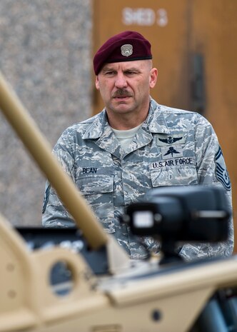 Senior Master Sgt. Robert Bean, 88th Test and Evaluations Squadron superintendent, views the Guardian Angel Air Deployable Vehicle Nov. 12, 2013, at Nellis Air Force Base, Nev. The 88th TES will start operational testing of the GAARV in March 2014 to evaluate its suitability and effectiveness for the Guardian Angel weapon system. The GA is a non-aircraft, equipment-based weapon system. GA is organized into nine specific capabilities: prepare, mission plan, insert, movement, actions on objective, medically treat, extract, reintegrate, and adapt. (U.S. Air Force photo by Airman 1st Class Jason Couillard)