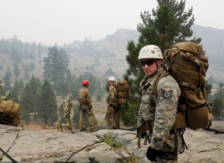 Tech. Sgt. Ronnie McCoy, a 919th Special Operations Wing firefighter, stands on top of a cliff at the Marine Mountain Warfare Training Center in Bridgeport, Calif.  Approximately three 919th SOW firefighters were sent as medical support for Air Force explosive ordnance disposal training in late August. (Courtesy photo)