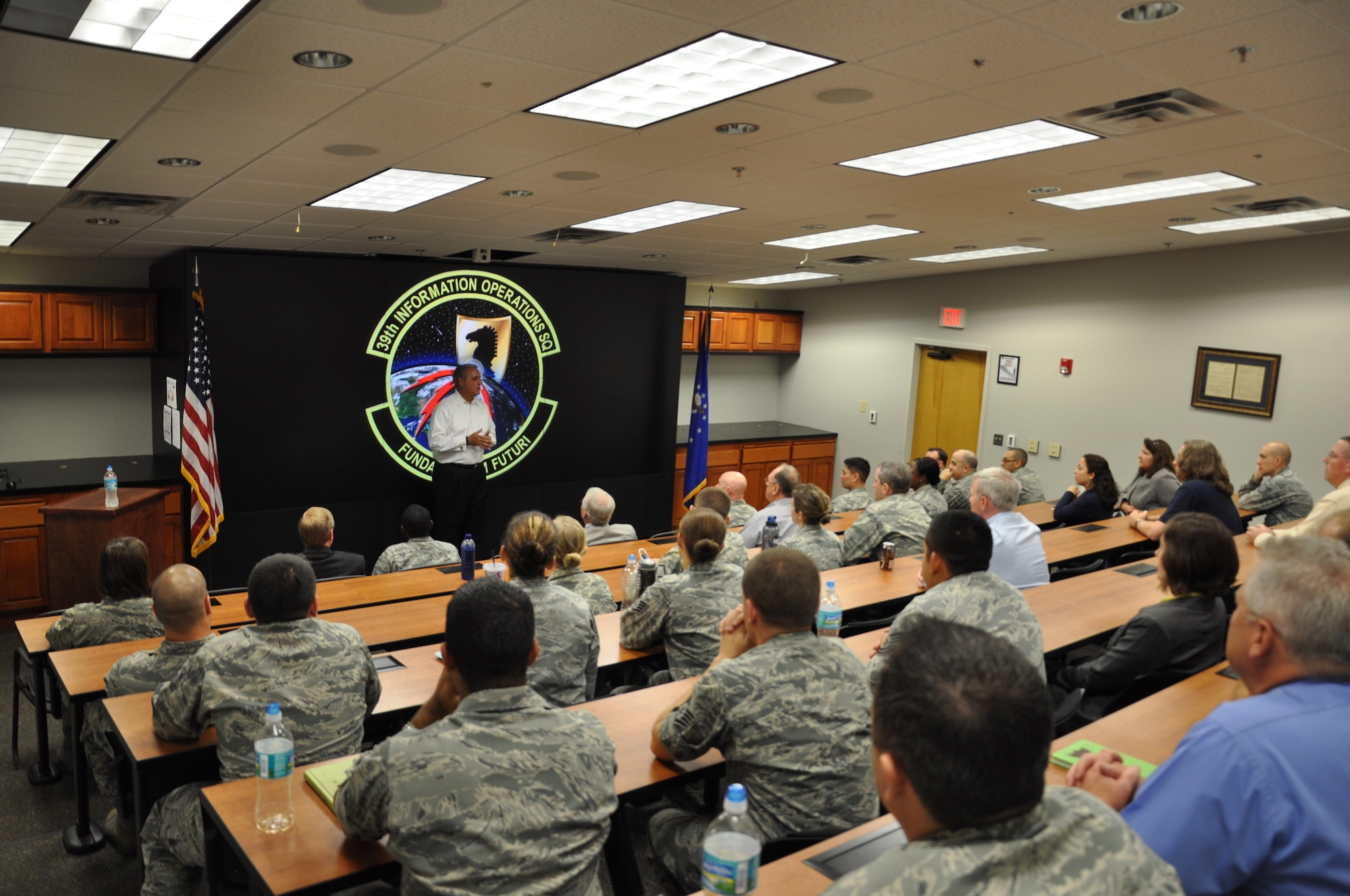 U.S. Rep. Jeff Miller, Florida’s First Congressional District, addresses members of the 39th Information Operations Squadron during a site visit at Hurlburt Field, Fla., Nov. 6, 2013. The 39th IOS is the Air Force’s Formal Training Unit responsible for providing Information Operations and Cyber Operations training for the service. (U.S. Air Force photo/Capt. Casey Osborne)