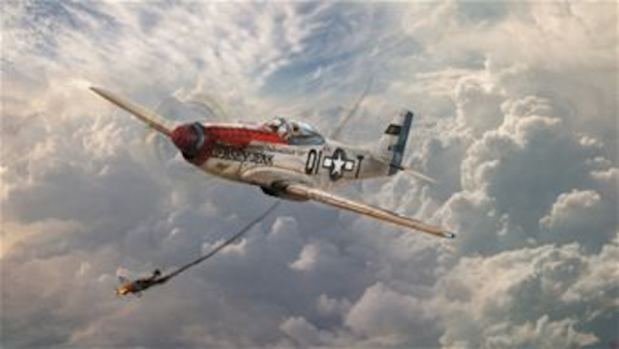 A U.S. Army Air Corps P-51D Mustang “Jersey Jerk” flown by Maj. Donald J. Strait from the 361st Fighter Squadron, 356th Fighter Group scores a victory against a Luftwaffe Me 109 on Nov. 26, 1944 while escorting bombers over Ruhr.  That day the 356th Fighter Group destroyed 23 enemy aircraft without losing a single American.  Strait began his career as an enlisted Airman in the 119th Observation Squadron, New Jersey Army National Guard, and by the end of World War II he had 13.5 aerial victories.  (U.S. Air National Guard illustration by Tech. Sgt. Matt Hecht)
