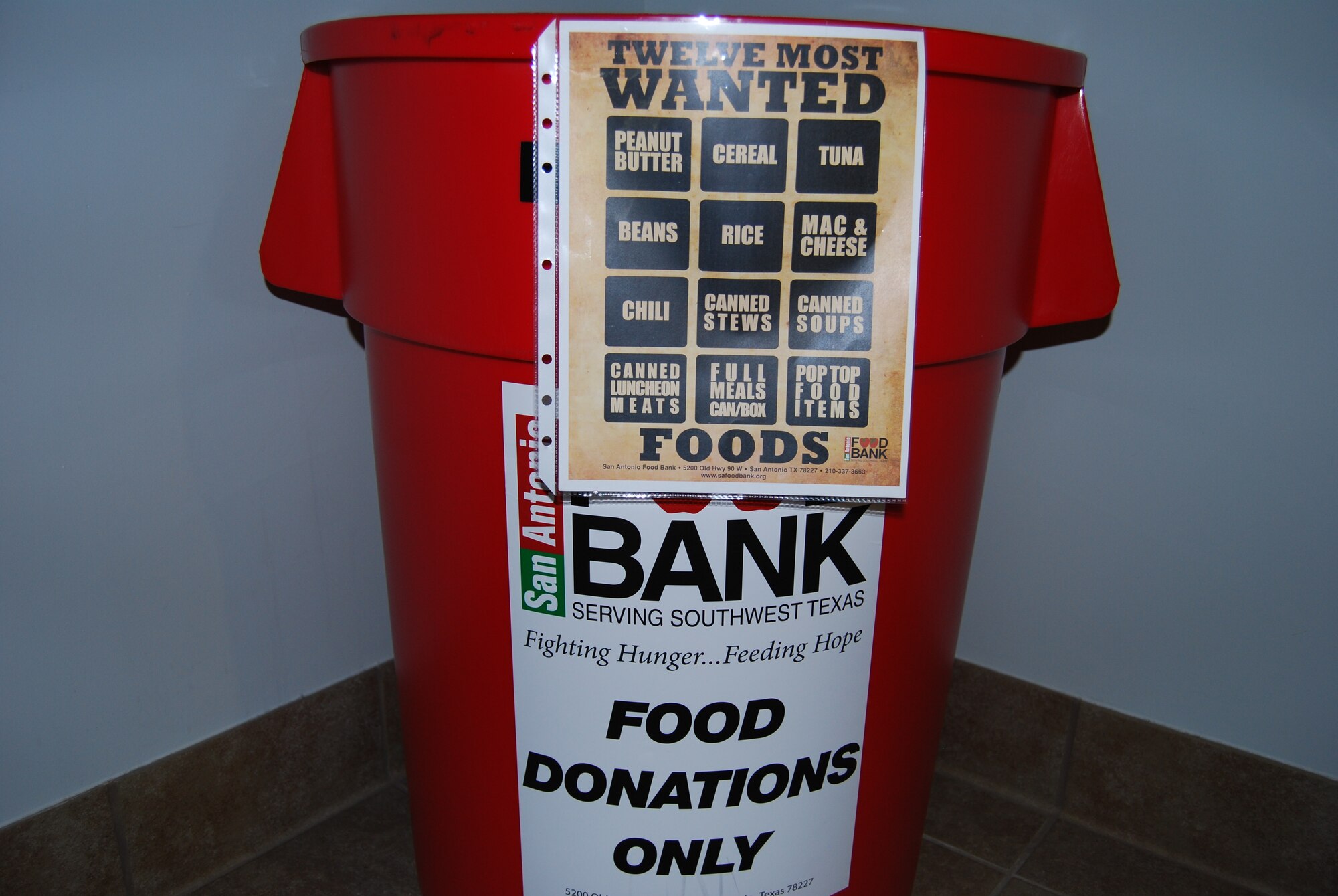 San Antonio Food Bank collection bins are located throughout the 433rd Airlift Wing for the annual food drive. Members are asked to donate nonperishable food items such as cereal, peanut butter, rice, etc. The food drive will conclude on Nov. 25, 2013. (U.S. Air Force Photo/ Capt. Philip Cortez) 