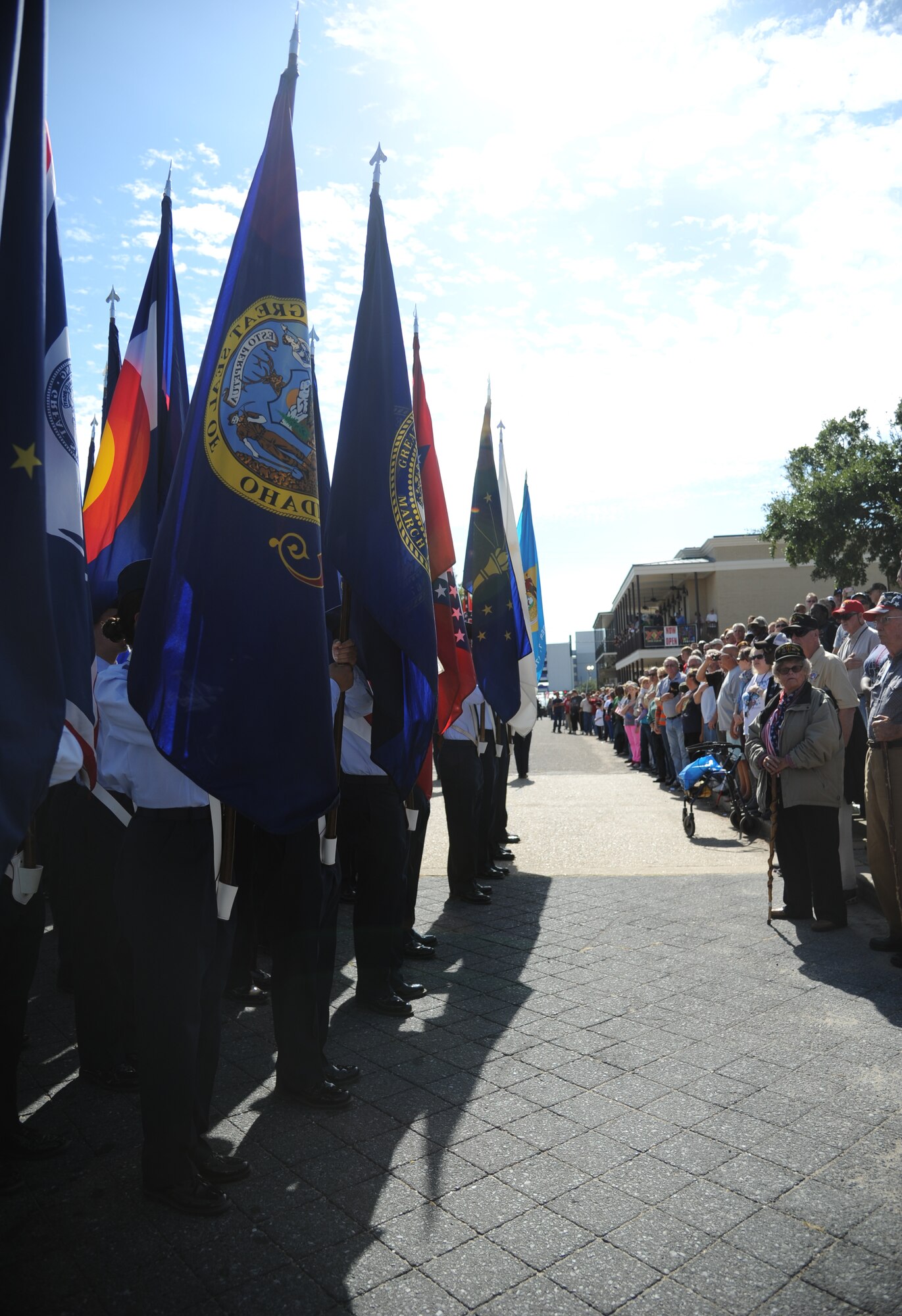 Airmen carry the 50 State Flags and stand at attention while the Pledge of Allegiance is recited by audience members during the 13th Annual Gulf Coast Veterans Day Parade in front of City Hall Nov. 9, 2013, Biloxi, Miss.  Keesler wing leadership and Honor Guard also participated in the event. (U.S. Air Force photo by Kemberly Groue)