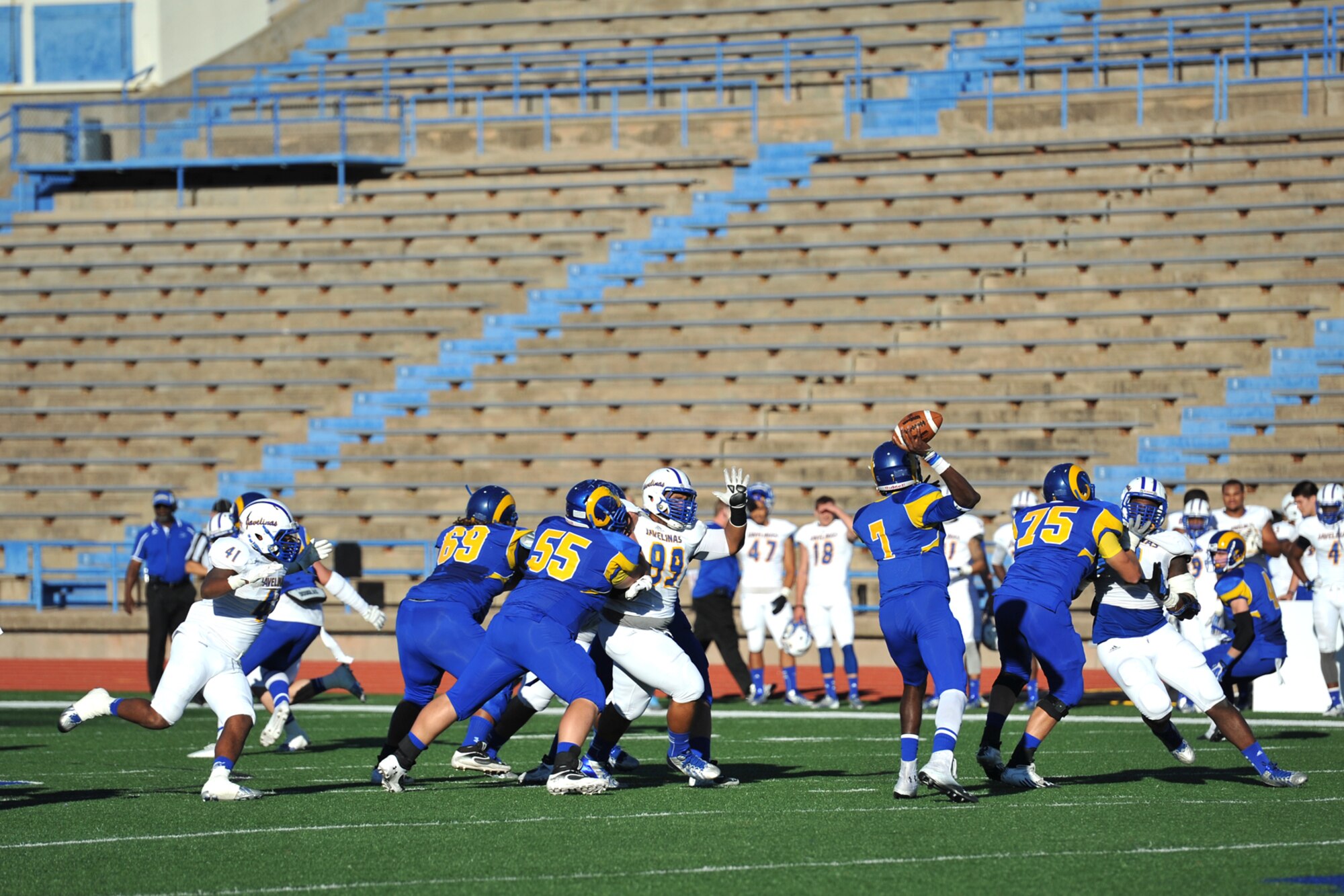 SAN ANGELO, Texas-- Kyle Washington, Angelo State University quarter back, prepares to throw a pass during the Angelo State University Military Appreciation Day football game against Texas A&M- Kingsville Nov. 9 at the LeGrand Stadium. ASU beat Kingsville 49 to 28. (U.S. Air Force photo/ Senior Airman Michael Smith)