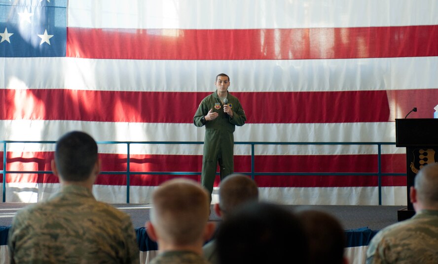 Lt. Col. Jaime Hernandez, 28th Bomb Wing chief of safety, briefs Airmen on winter safety during Comprehensive Airman Fitness Day activities in the Pride Hangar at Ellsworth Air Force Base, S.D., Nov. 4, 2013. CAF Day focused on the mental fitness pillar and potential safety threats in winter months. (U.S. Air Force photo by Senior Airman Zachary Hada/Released)