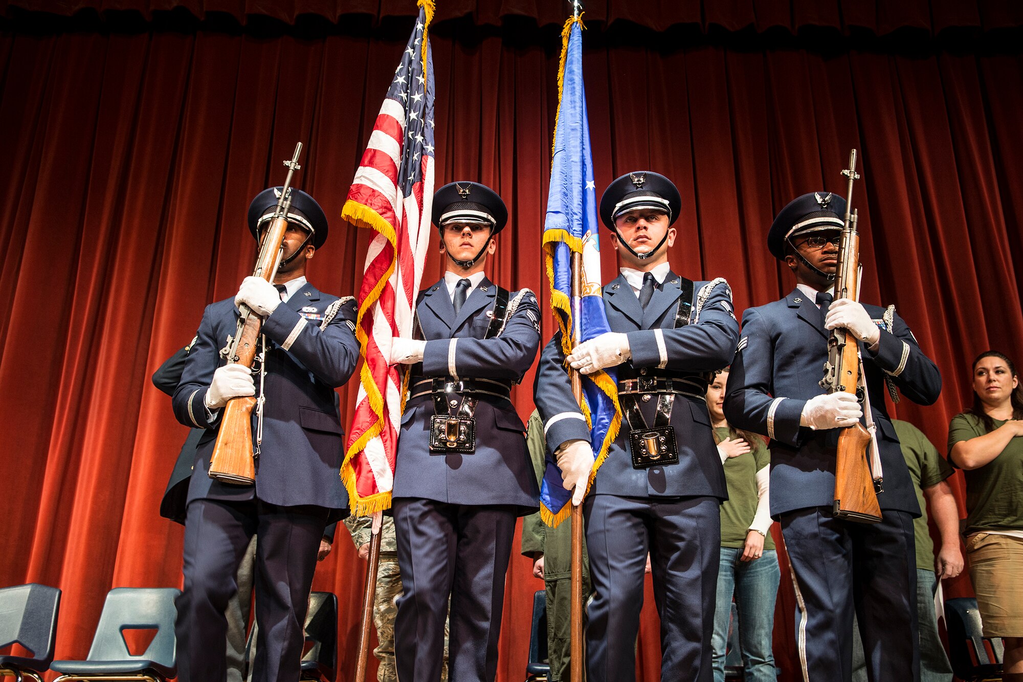 The Mountain Home Air Force Base honor guard presents the colors at a Veterans Day ceremony at Skyview High School in Nampa, Idaho, Nov. 11, 2013. Veterans from World War II until current conflicts were all honored during the ceremony, which more than 300 high school students attended. (U.S. Air Force photo by Master Sgt. Kevin Wallace/RELEASED)