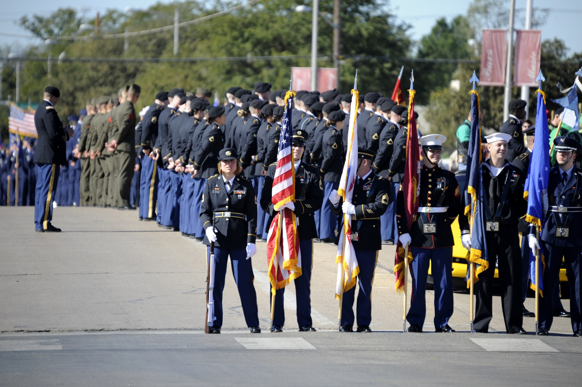 SAN ANGELO, Texas – The Joint Service Color Guard from Goodfellow Air Force Base led the Veteran’s Day Parade Nov. 9 in historic downtown San Angelo. The city hosted its tenth annual parade in honor of those serving and those who have served our country. (U.S. Air Force photo/ Staff Sgt. Austin Knox)