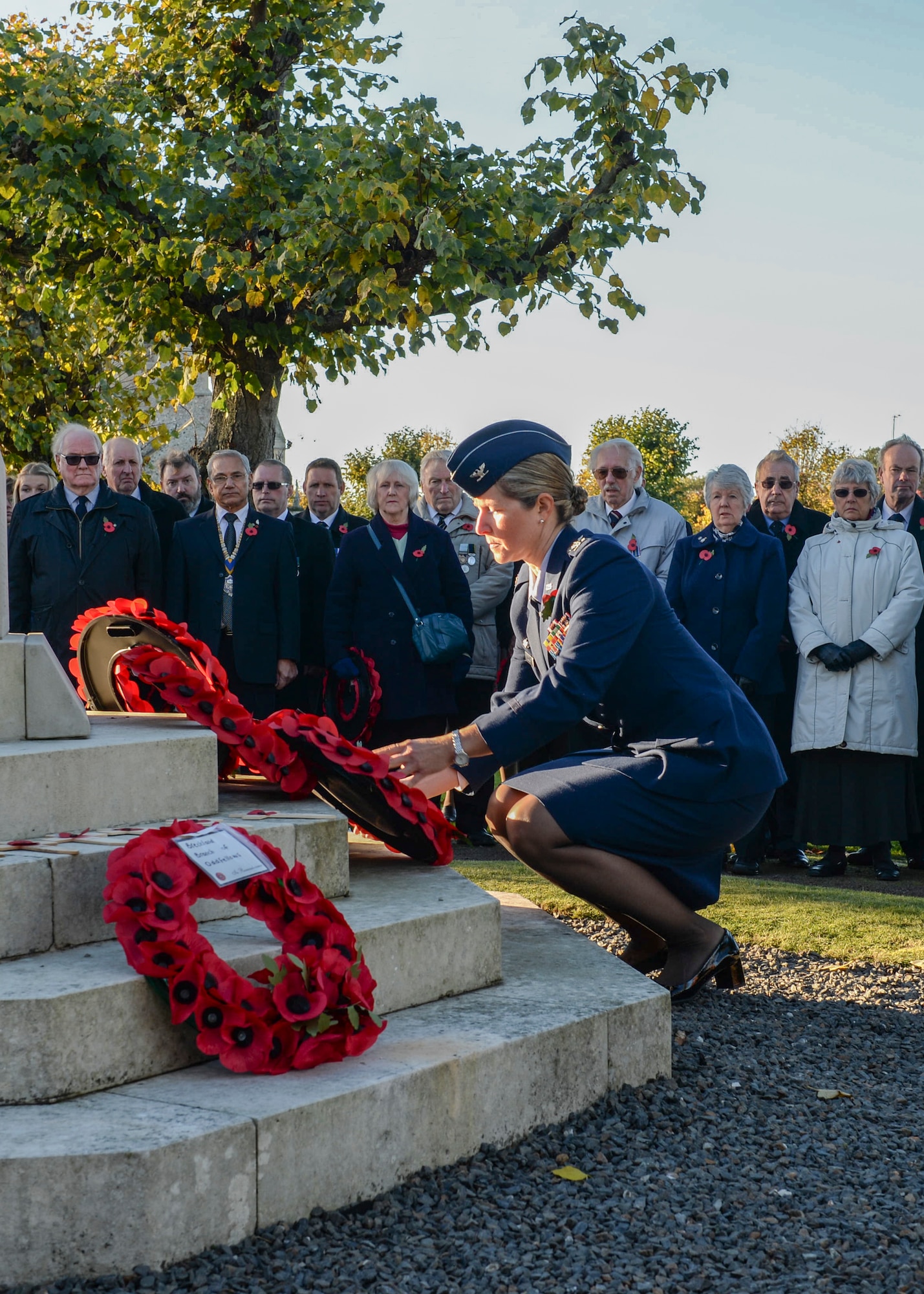 Col. Kristen Beals, 48th Medical Surgical Squadron commander, lays the U.S. Air Force poppy wreath during a Remembrance Day ceremony at the Hillsboro Memorial Gardens in Brandon, England, Nov. 10, 2013. Remembrance Day, also known as Poppy Day, is observed in the commonwealth to honor members of the armed forces who died in the line of duty. (U.S. Air Force photo by Airman 1st Class Nigel Sandridge/Released)