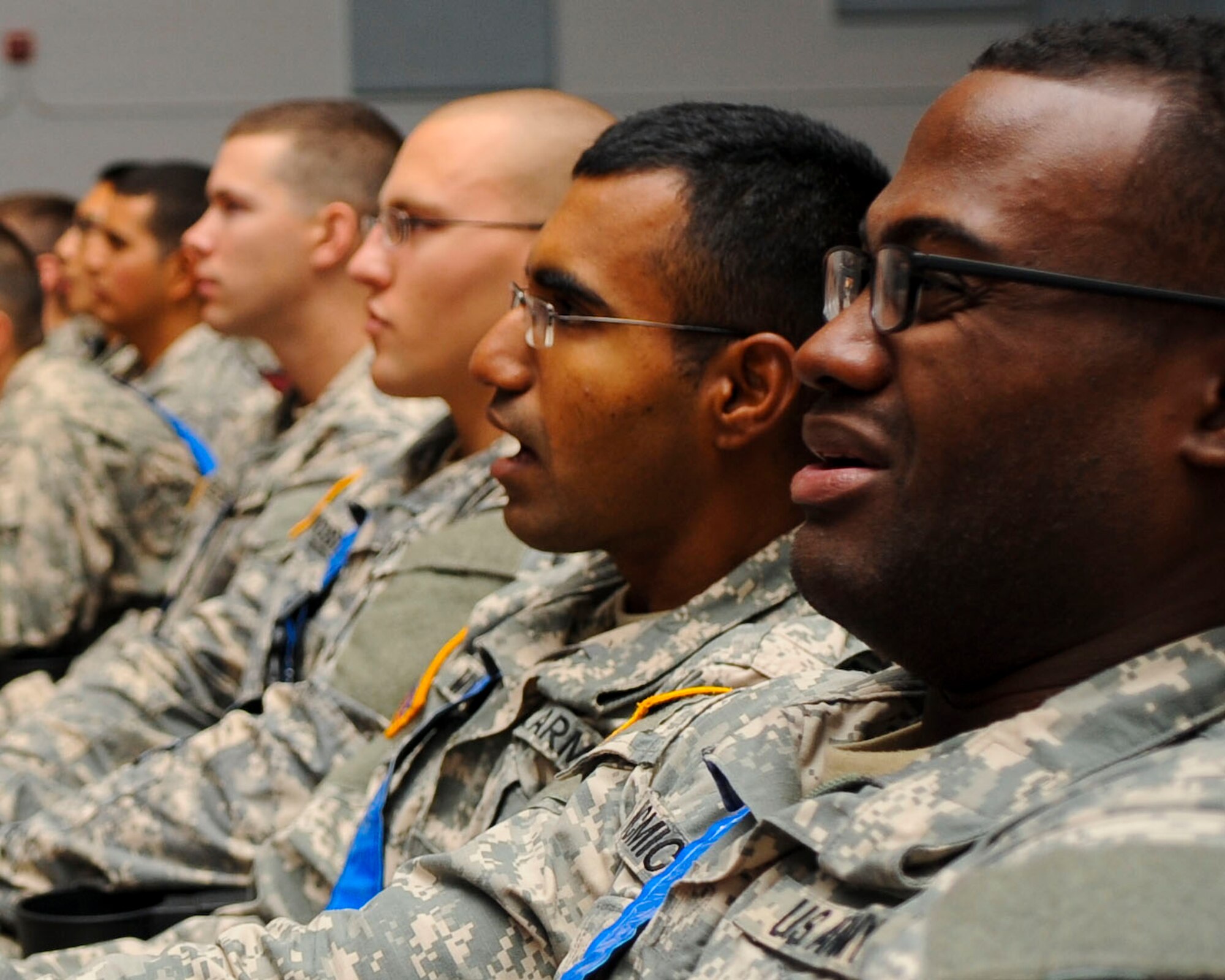 Soldiers react upon viewing graphic images of fatal car accidents during a Street Smart presentation at Fort Eustis, Va., Nov. 7, 2013. According to the Department of the Army, more than 80 Soldiers died in fiscal year 2013 in personal vehicle accidents, some of which involved Soldiers driving under the influence, distracted or not wearing a seatbelt. (U.S. Air Force photo by Airman 1st Class Austin Harvill/Released)