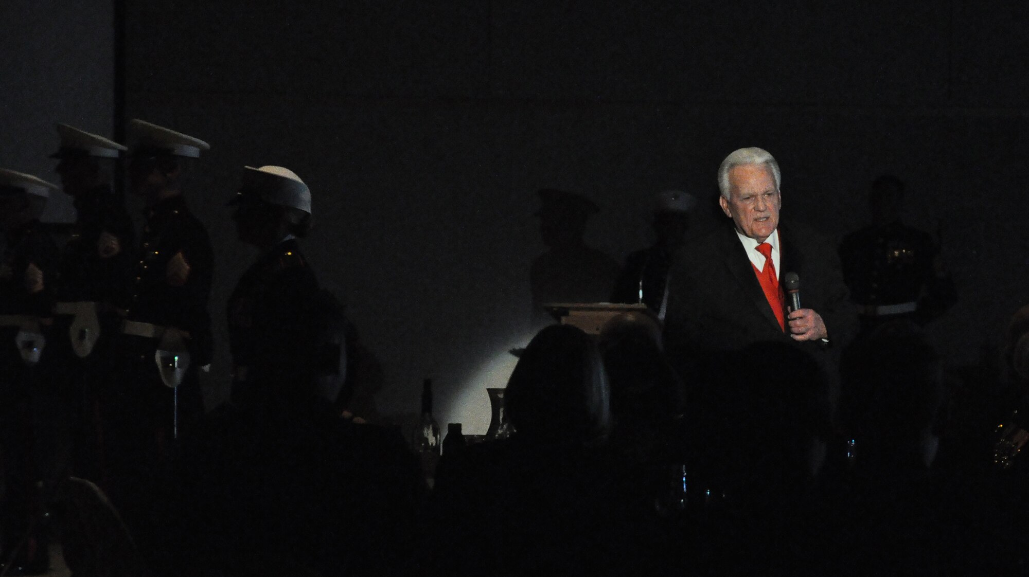 SAN ANGELO, Texas- Mr. Gene Hargraves, Korean War veteran, speaks during the Marine Corps Ball at the McNeese Convention Center Nov. 8. Hargraves was invited to be the guest speaker during the ball to speak about his history in the Marine Corps. (U.S. Air Force photo/ Airman 1st Class Erica Rodriguez)