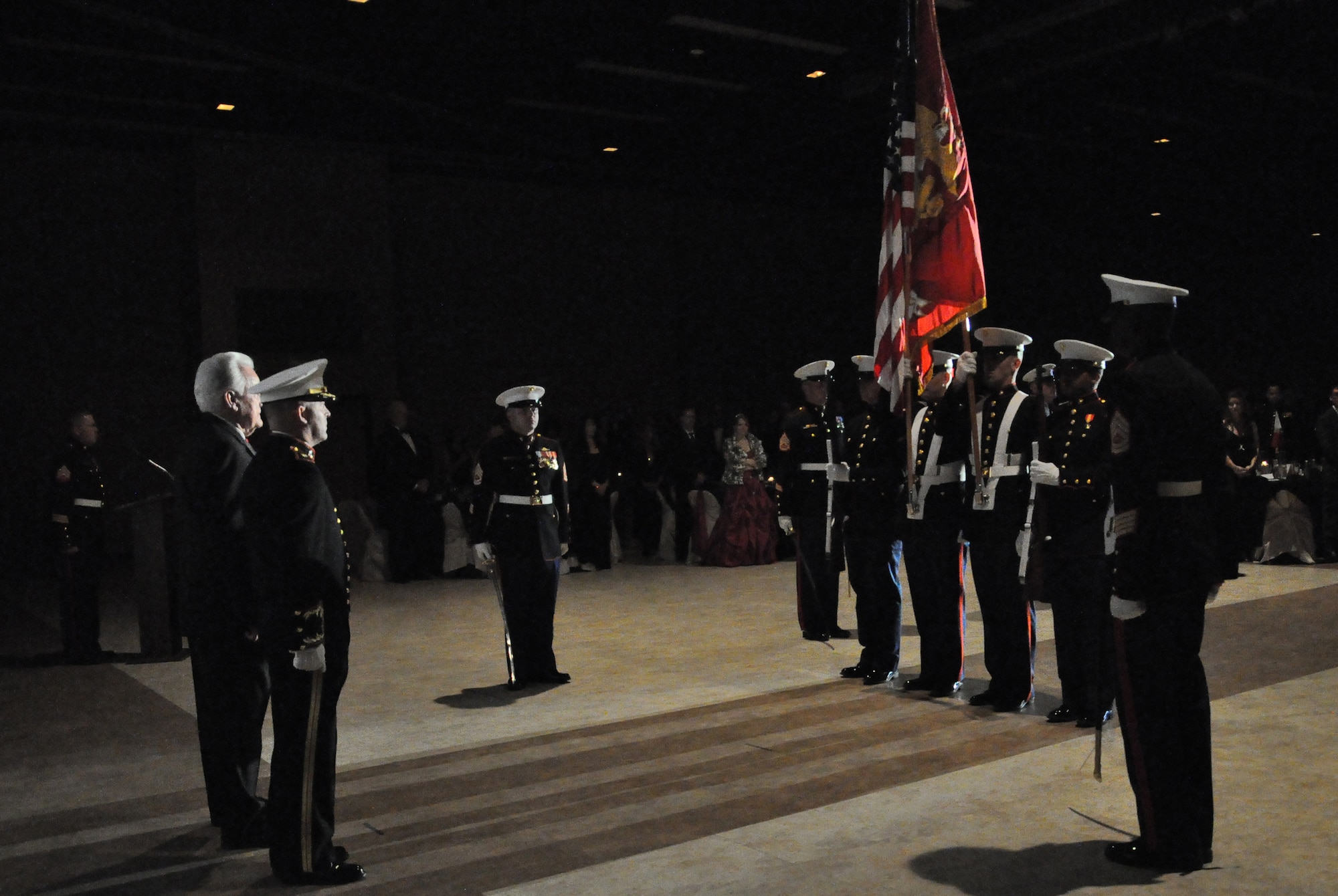 SAN ANGELO, Texas- The color guard presents the colors during the Marine Corps Ball at the McNeese Convention Center Nov. 8. The guest of honor, Mr. Gene Hargraves, Korean War veteran, and Marine Corps Maj. Devin Rullman, Marine Corps Detachment Commanding Officer, opened the ceremony with remarks on Marine history and heritage. (U.S. Air Force photo/ Airman 1st Class Erica Rodriguez)