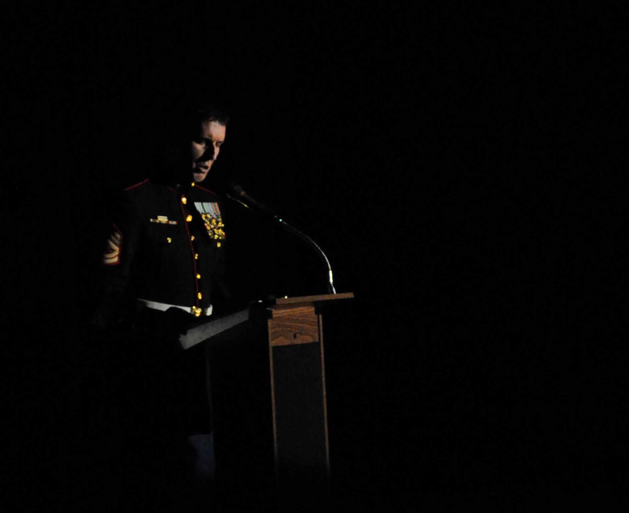 SAN ANGELO, Texas- Marine Corps Gunnery Sgt. James Courteau speaks during the Marines Corps Ball at the McNeese Convention Center Nov. 8. The ball was held in honor of the Marines 238th birthday. (U.S. Air Force photo/ Airman 1st Class Erica Rodriguez)