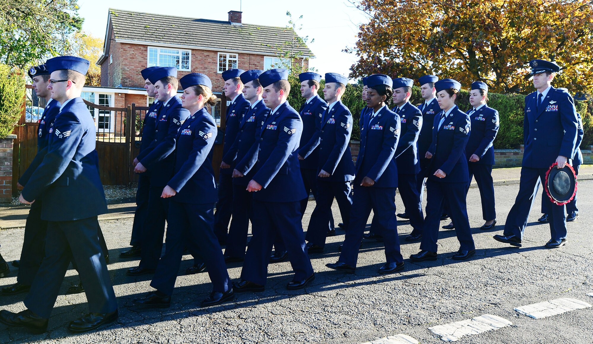 Liberty Airmen march in formation during a Remembrance Day ceremony in Feltwell, England, Nov. 10, 2013. The commonwealth observes Remembrance Day to honor the memories of men and women of the armed forces that have lost their lives in wars, past and present. (U.S. Air Force photo by Senior Airman Tiffany M. Grigg/Released) 