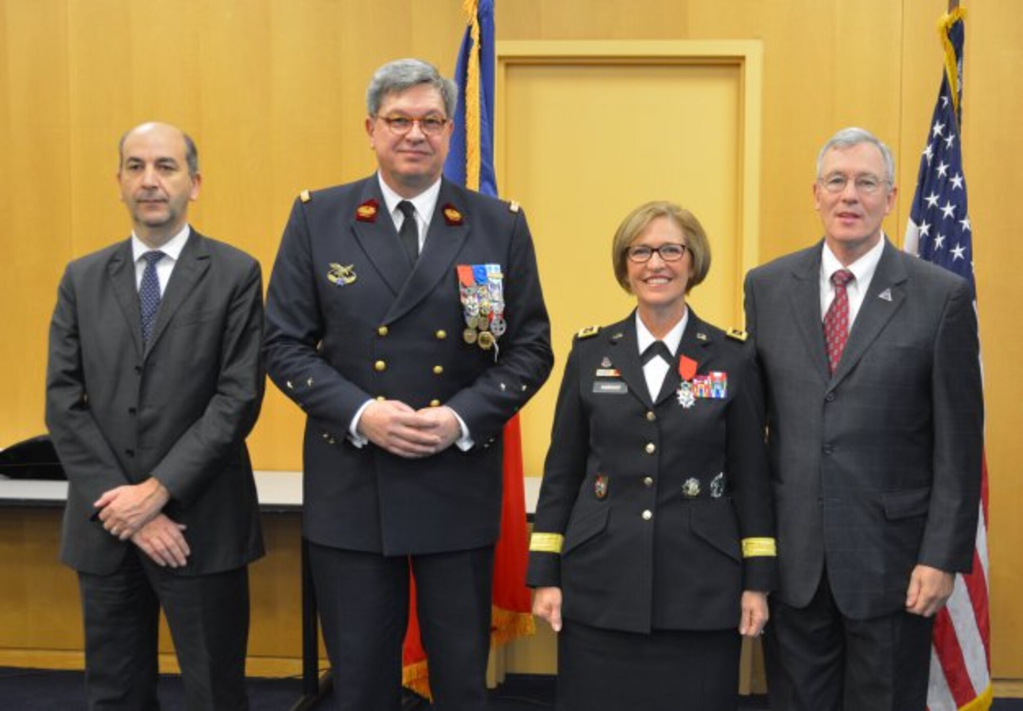 From left, Frederic Dore, deputy chief of mission, Embassy of France; French Deputy Surgeon General Patrick Godart; Lt. Gen. Patricia Horoho, U.S. Army surgeon general; and Ray Horoho, spouse of Gen. Horoho. Horoho received the French National Order of Legion of Honor award.  (Courtesy photo/Released)