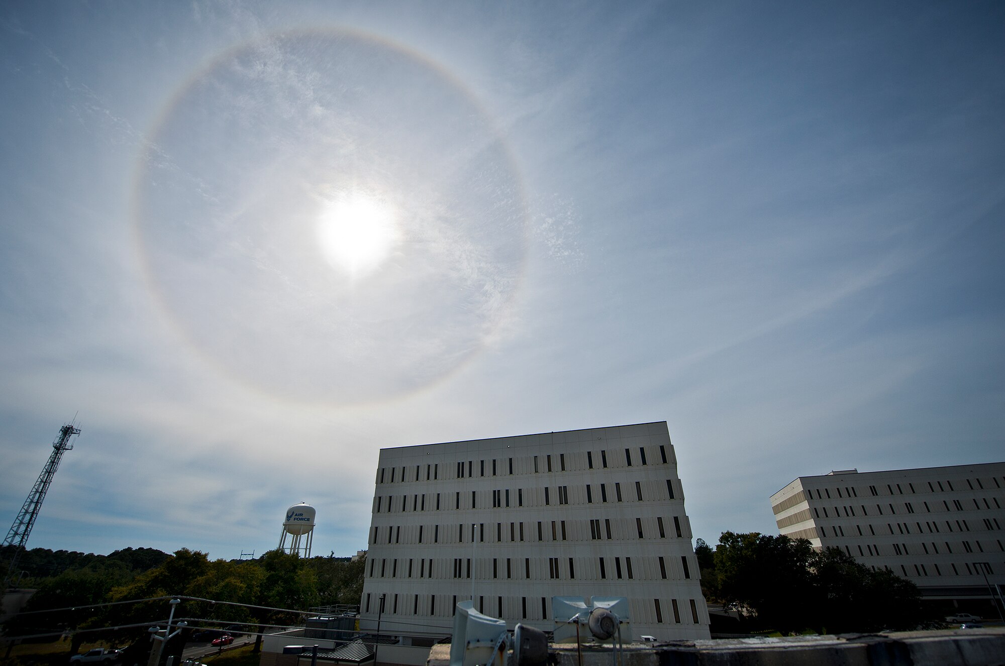 A giant solar halo covered the sky over Eglin Air Force Base, Fla., in the early afternoon Nov. 12.  The optical phenomenon is caused by ice crystals in the atmosphere.  (U.S. Air Force photo/Samuel King Jr.) 