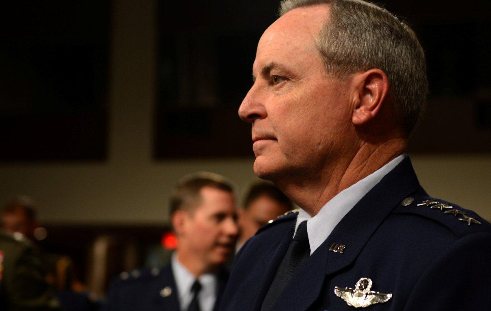 Gen. Mark A. Welsh III, Air Force chief of staff, prepares for the Senate Armed Services Committee’s hearing on the impacts of sequestration Nov. 7, 2013, Washington, D.C. Among other concerns, Welsh emphasized the danger of having to choose between a ready force today, or a modern force tomorrow. (U.S. Air Force photo/Staff Sgt. Carlin Leslie)
