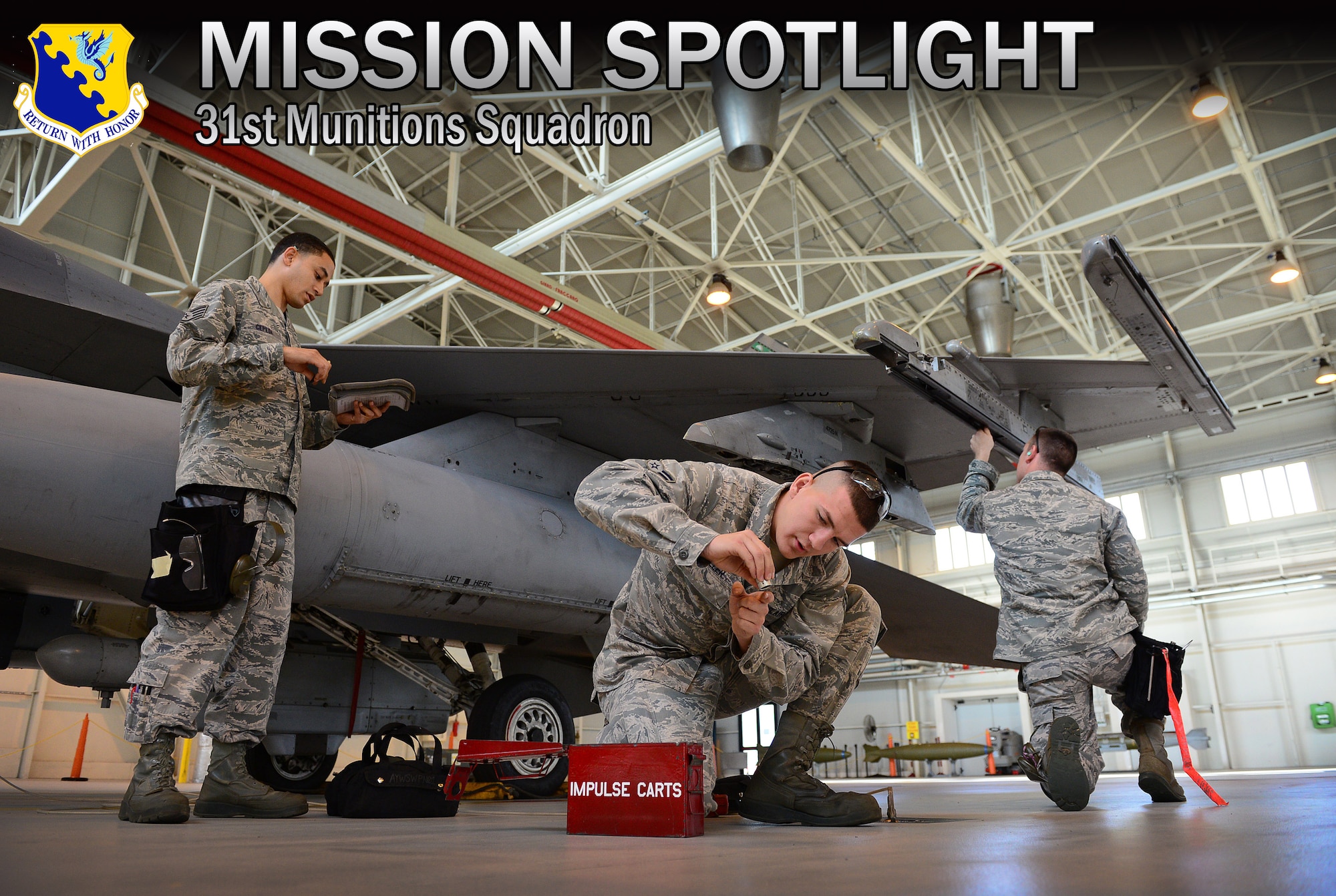 Staff Sgt. Angelo Cepeda, Airman 1st Class William Miller and Airman 1st Class Randall Stoiner, 31st Aircraft Maintenance Squadron weapons load crew members, complete final checks before performing a “hot shot” for a load competition, Nov. 6, 2013, at Aviano Air Base, Italy. A “hot shot” is a portion of a load competition that gives load crews a chance to earn points by performing an integrated load with no discrepancies. (U.S Air Force photo/Senior Airman Matthew Lotz)