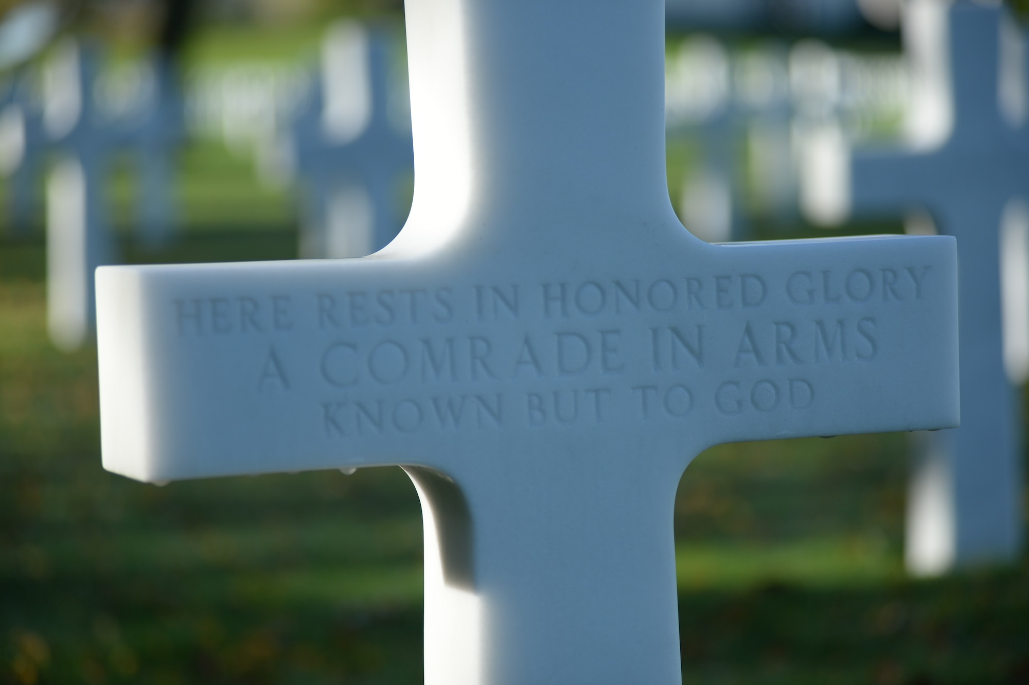 HOMBOURG, Belgium --- A marble cross for an unidentified American service member is displayed at the Henri-Chapelle American Cemetery Nov. 11, 2013.  The cemetery reveres the legacy of 7,992 American service members who died in World War II.  (U.S. Air Force photo by Staff Sgt. Joe W. McFadden / Released)