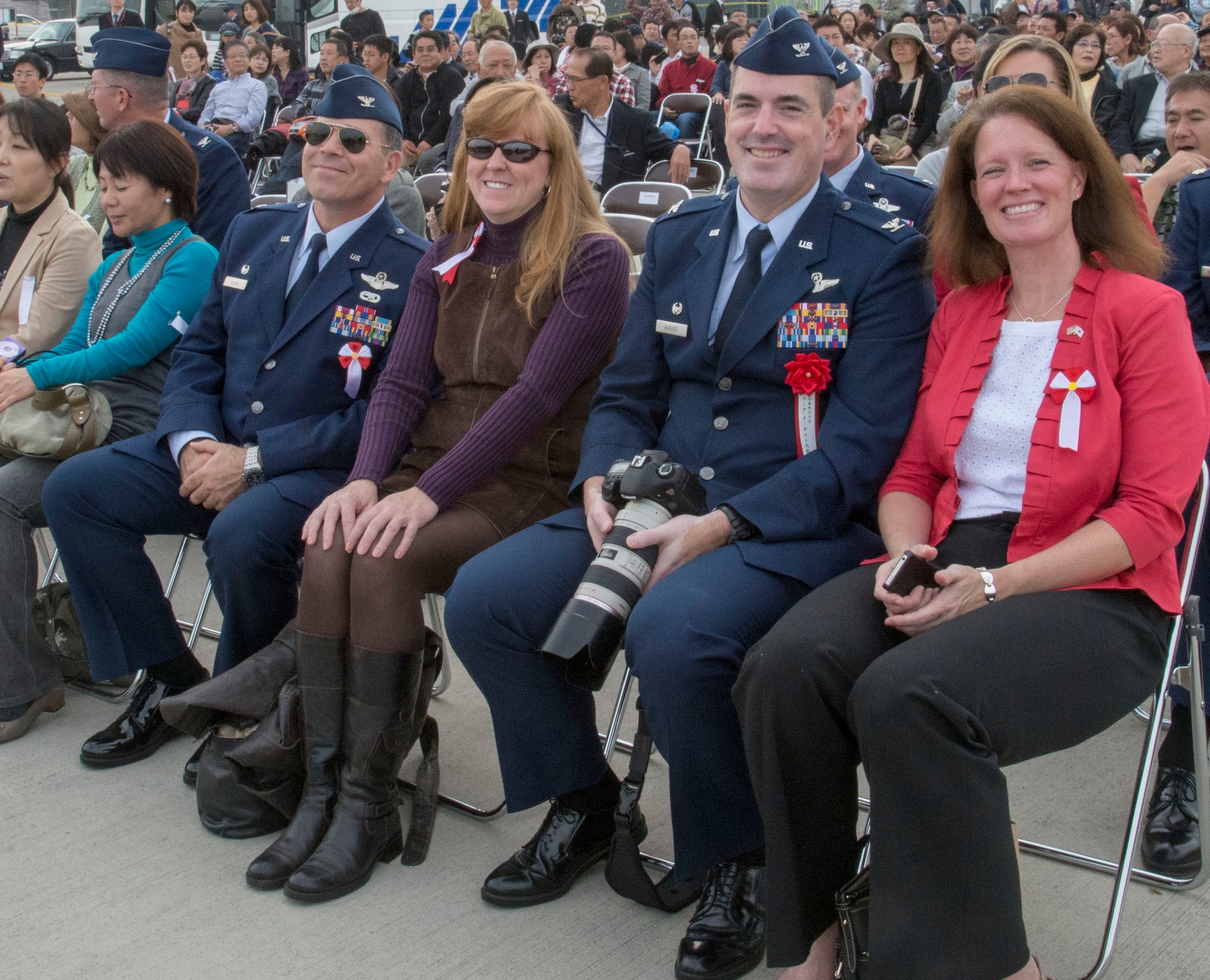 The 374th Airlift Wing leadership and their spouse attend at the annual Iruma Air Show at Iruma Air Base, Japan, Nov. 3, 2013.  Yokota leadership and enlisted members were invited by Iruma Air Base, deepening the strong relationship between the two nations.  (U.S. Air Force photo by Airman 1st Class Soo C. Kim / Released)