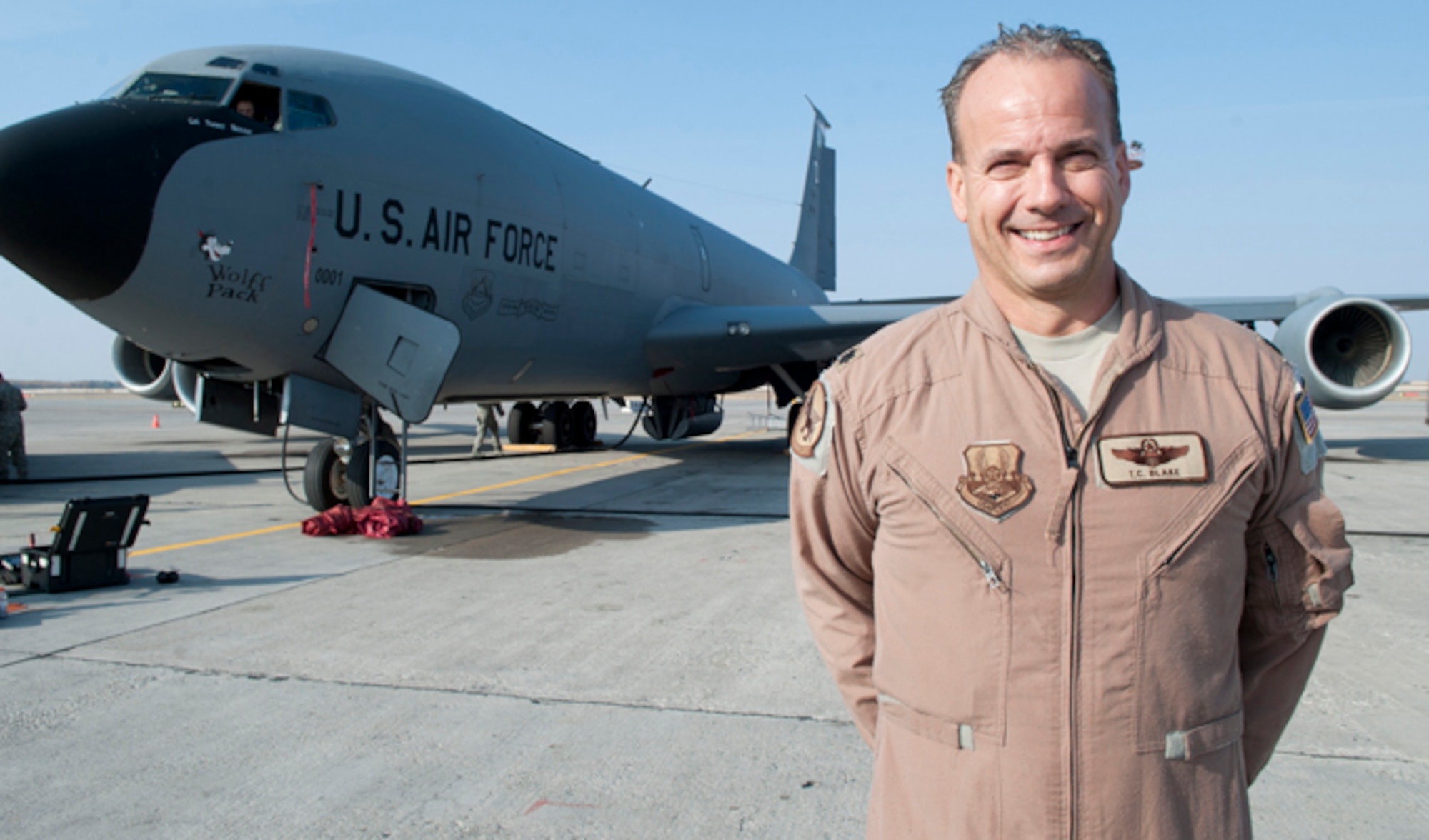 Lt. Col. Thomas Blake is a pilot serving with the 22nd Expeditionary Air Refueling Squadron at Transit Center at Manas, Kyrgyzstan. Blake, who recently completed his 100th combat sortie and fini flight, is deployed out of Pease Air National Guard Base, N.H., and is a native of Wakefield, N.H.