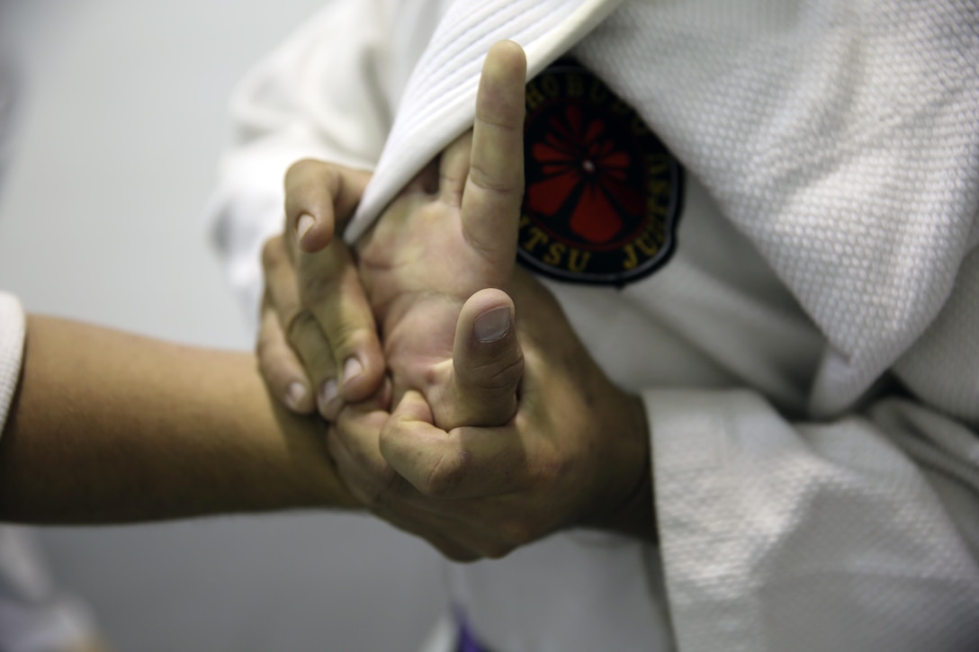 Jujitsu students practice self defense techniques during a class at building 39, next to the Goettge Memorial Field House, aboard Marine Corps Base Camp Lejeune, Nov. 7. Classes are held Tuesdays and Thursdays from 6:30 p.m. to 9 p.m.