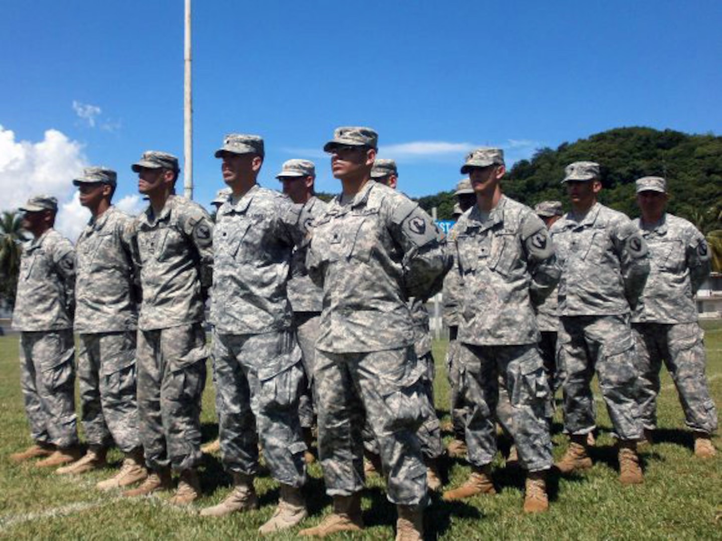 Members of the 448th Engineer Battalion, U.S. Army Reserve Puerto Rico, during a change of command ceremony at Fort Buchanan, Puerto Rico, Sept 21, 2013. Inactive and active-duty training for Army Reserve Soldiers has been cancelled during the partial government shutdown.