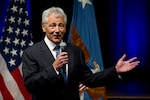 Secretary of Defense Chuck Hagel addresses Pentagon employees and U.S. Service members Feb. 27, 2013, during an all-hands meeting on Hagel's first day at the Pentagon in Arlington, Va.